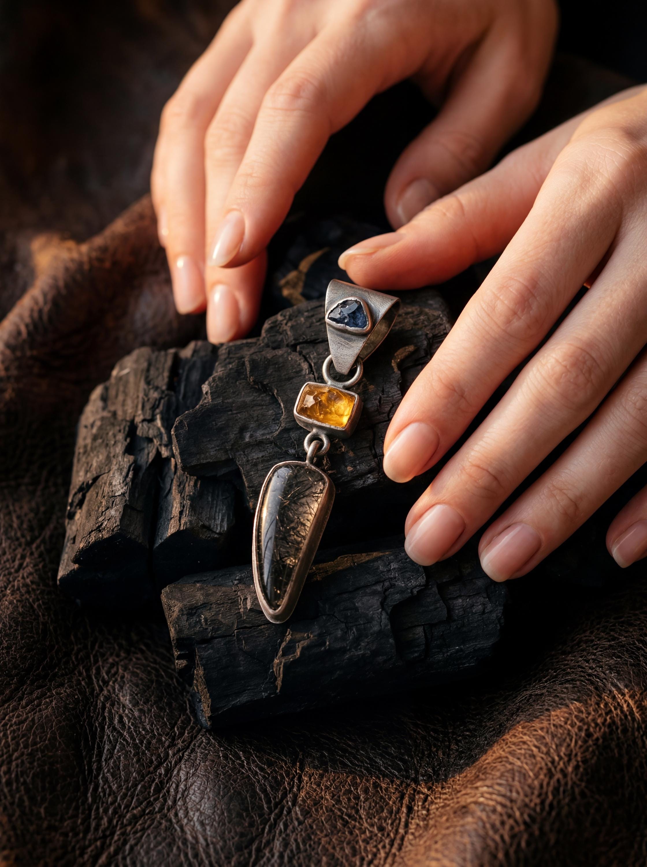 Oxidized Sterling Silver Pendant: Sapphire, Amber, Black Rutile Gemstones