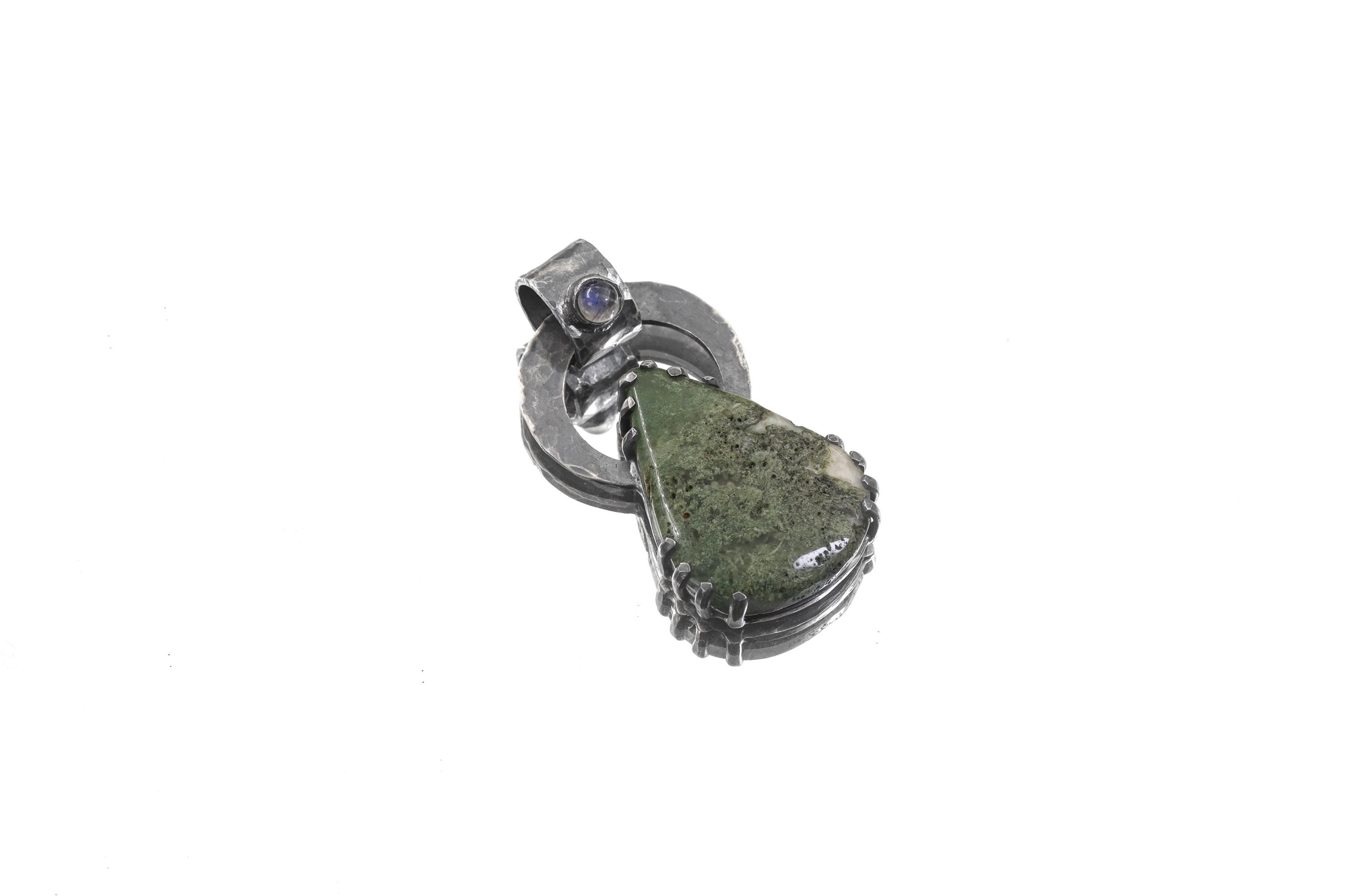 Moss Agate & Cat Eye Moonstone - Oxidised Hammered Sterling Silver - Claw Set Pendant