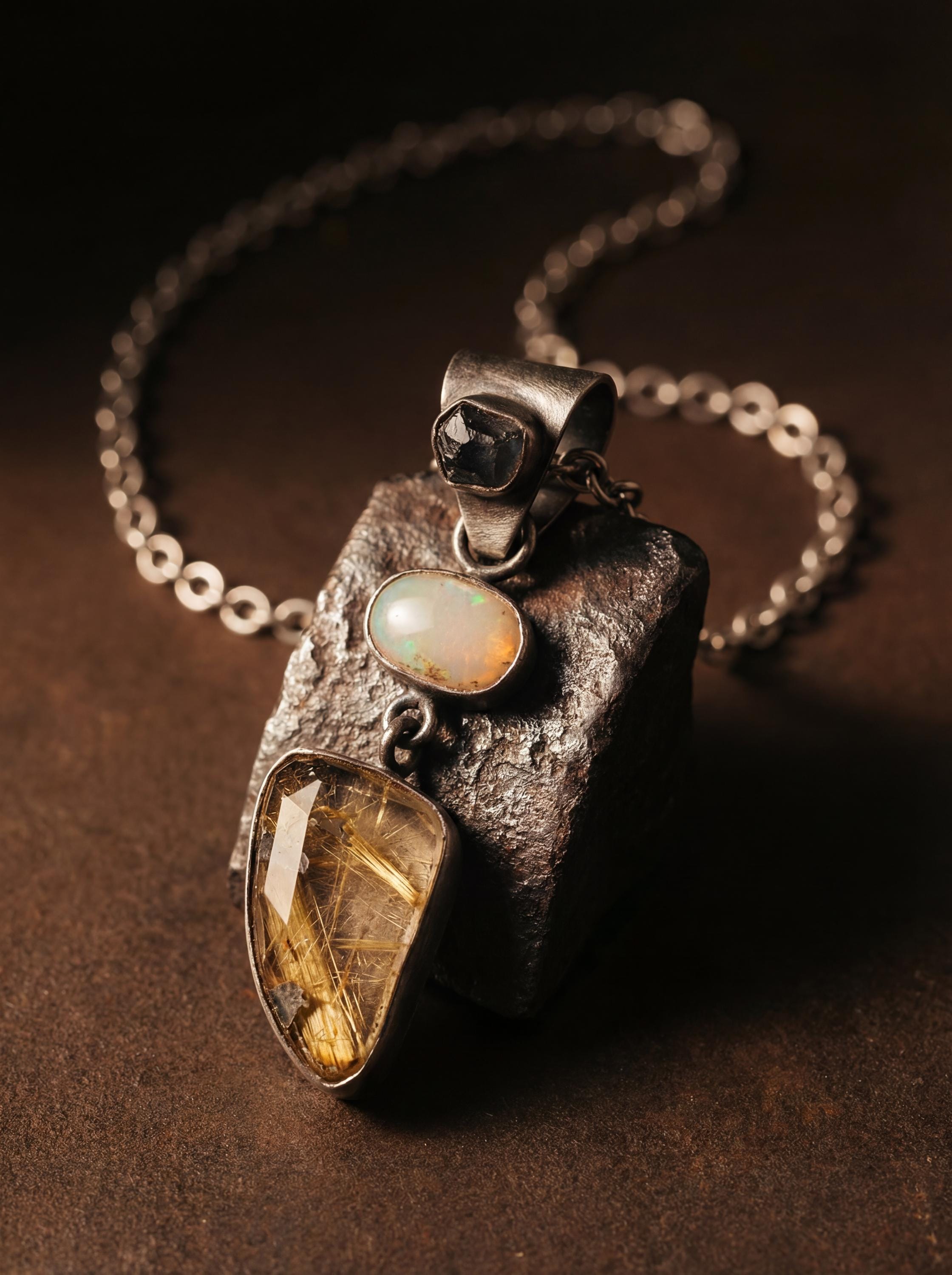 Sapphire Opal and Golden Rutile Quartz pendant shown on dark stone with oxidized sterling silver chain.