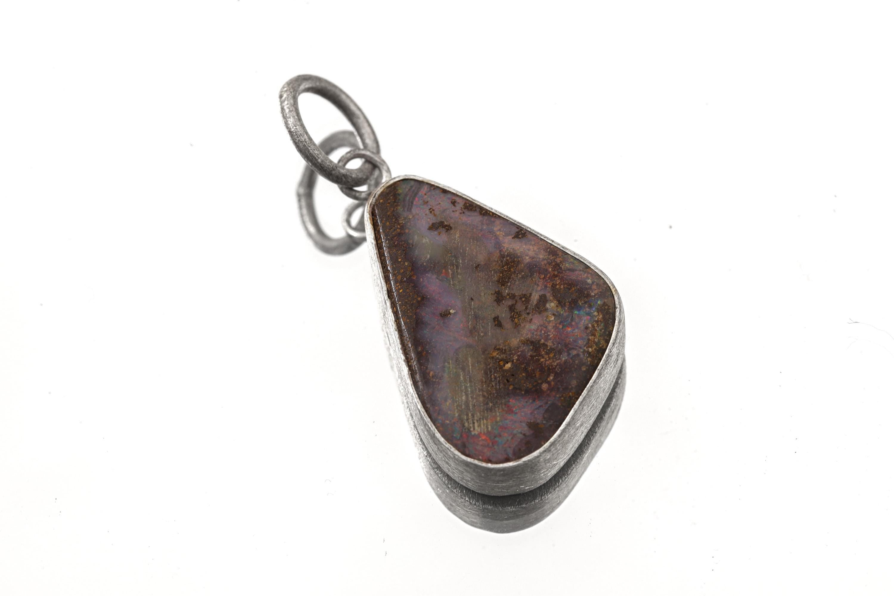 Lightning Ridge Boulder Opal Pendant 925 Sterling Silver Necklace Freeform Solid Opal Textured Bezel October Birthstone Gift
