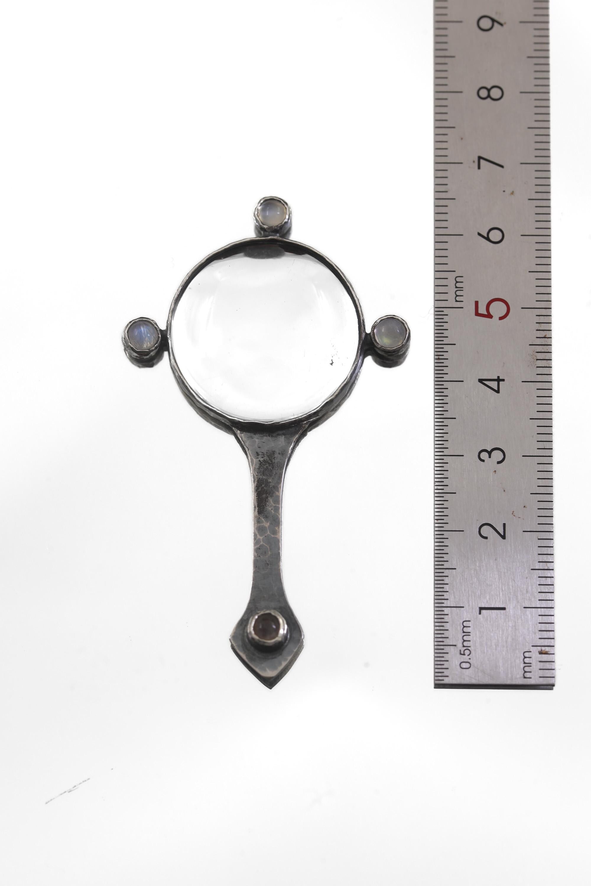 Sterling Silver Moonstone Magnifying Glass Pendant: Hammered Oxidized Blue Flash Gemstone Tool