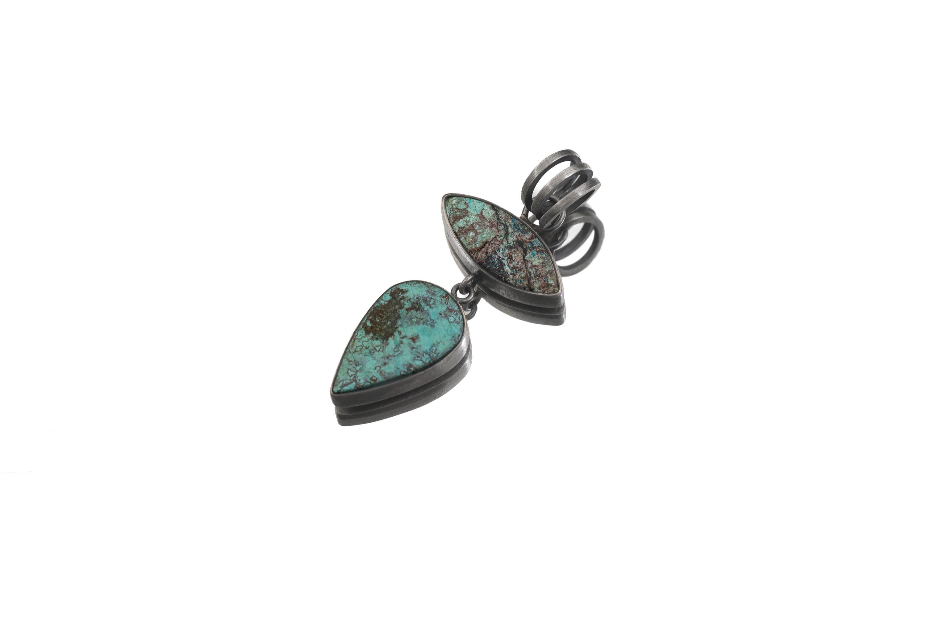 Matrix Turquoise Pendant 925 Silver Double Stone Marquise Cabochon Necklace Sagittarius Throat Chakra Gift