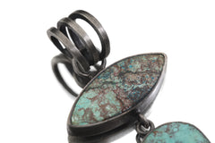 Sterling Silver Double Turquoise Pendant: Oxidized Brushed Boho Statement Necklace