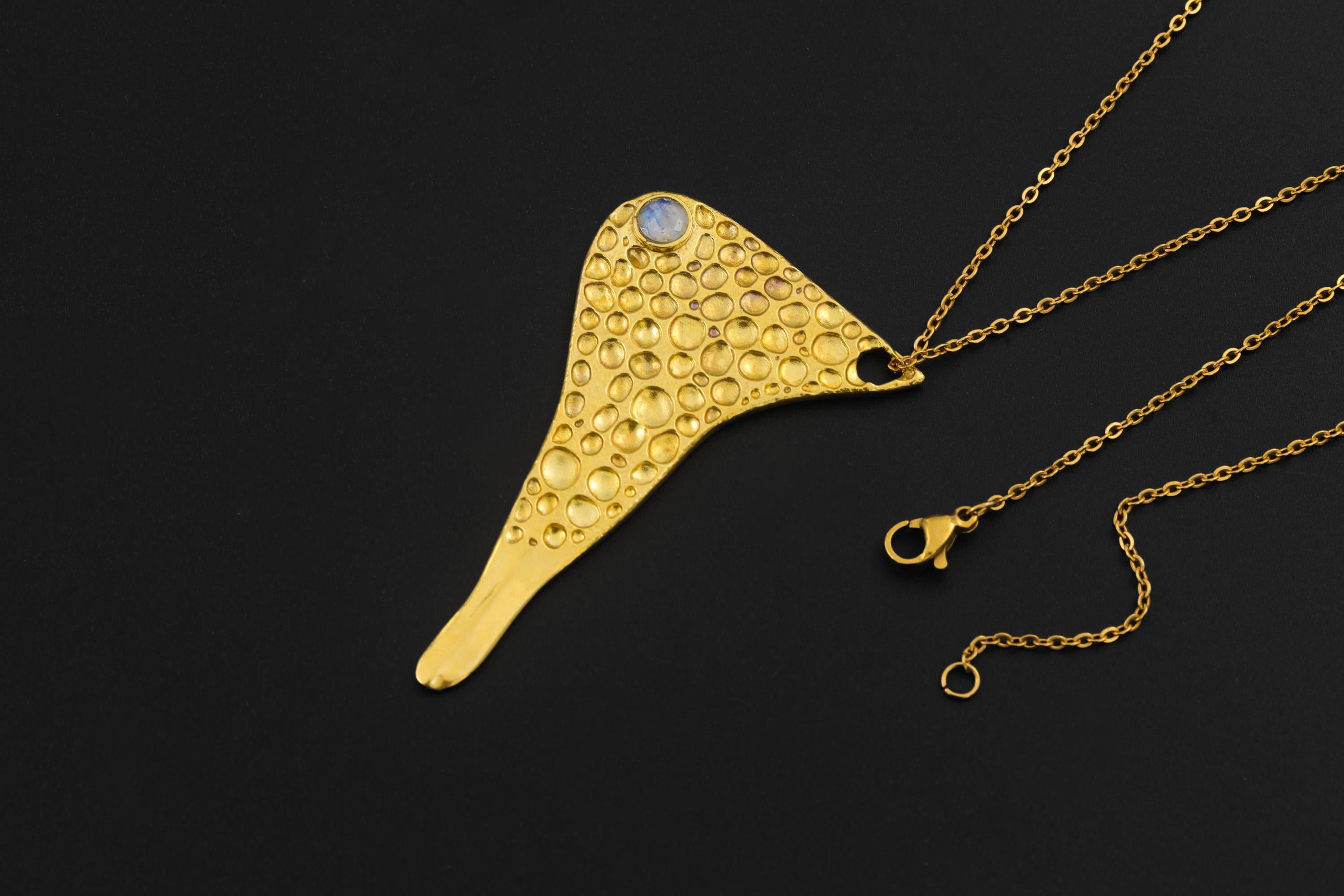Golden Brass Spoon Pendant: Blue Moonstone Talisman, Wearable Ritual Tool