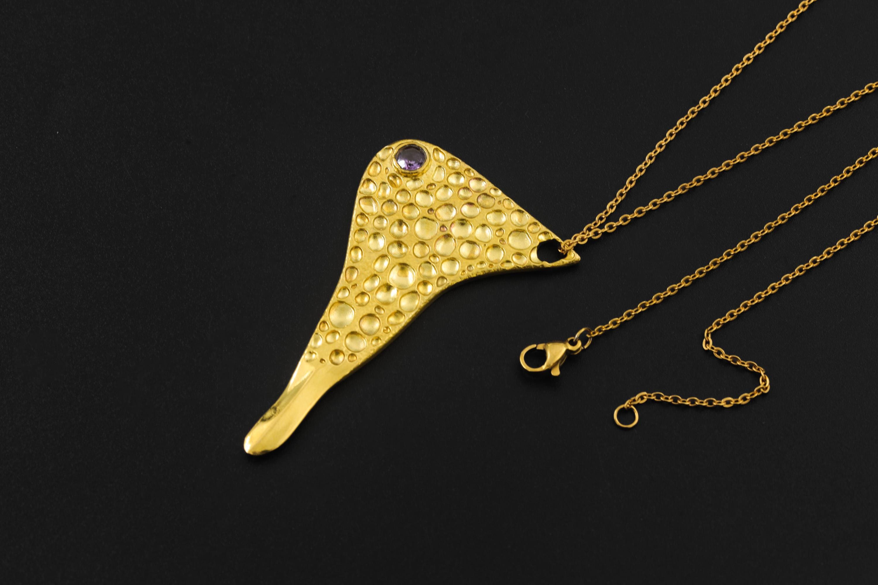 Golden Spoon Pendant Faceted Amethyst Abstract Cast Texture Wearable Ritual Tool Minimalist Talisman
