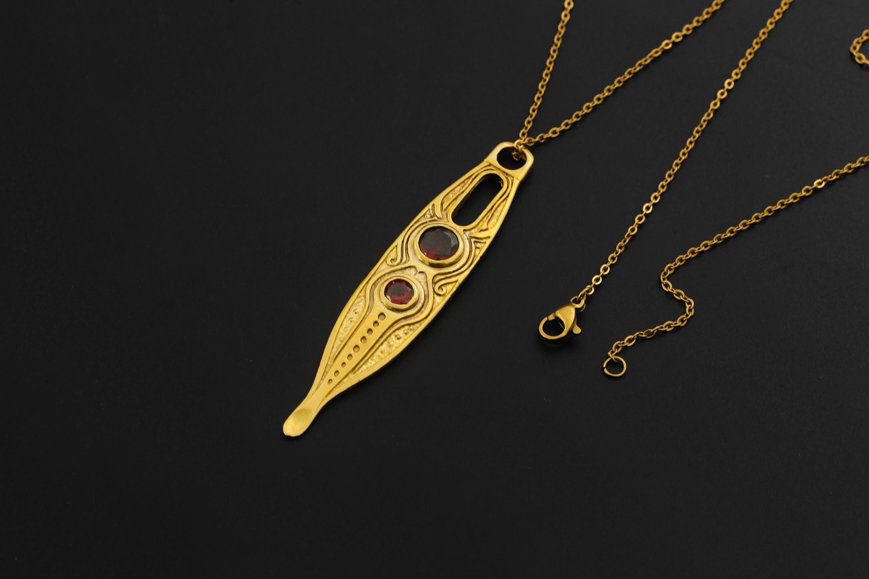 Gold Plated Brass Spoon Pendant, Faceted Red Garnet, Ritual Talisman Jewelry