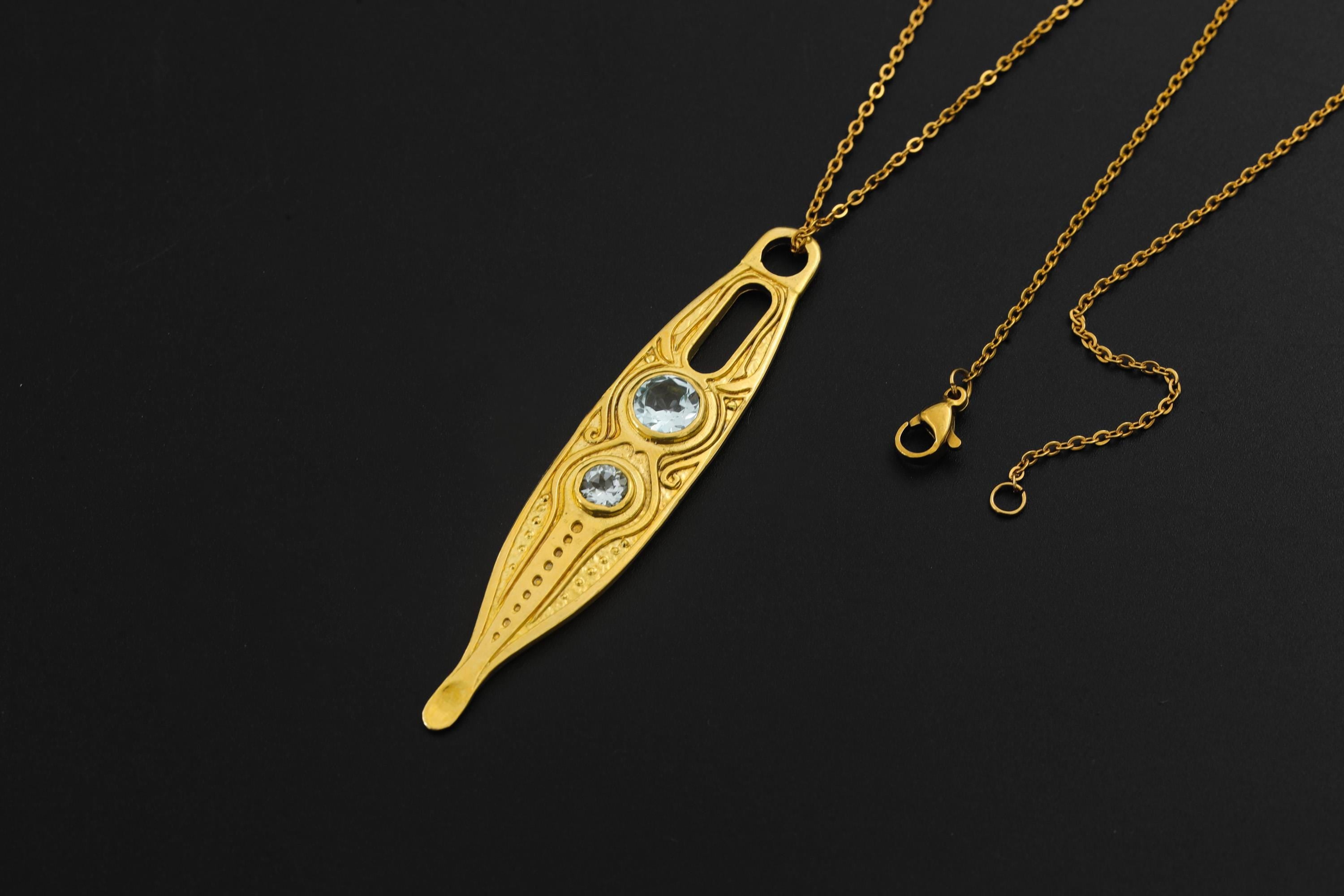 Blue Topaz Spoon Pendant 18k Gold Plated Brass Cast Ritual Spoon Necklace Throat Chakra December Gift