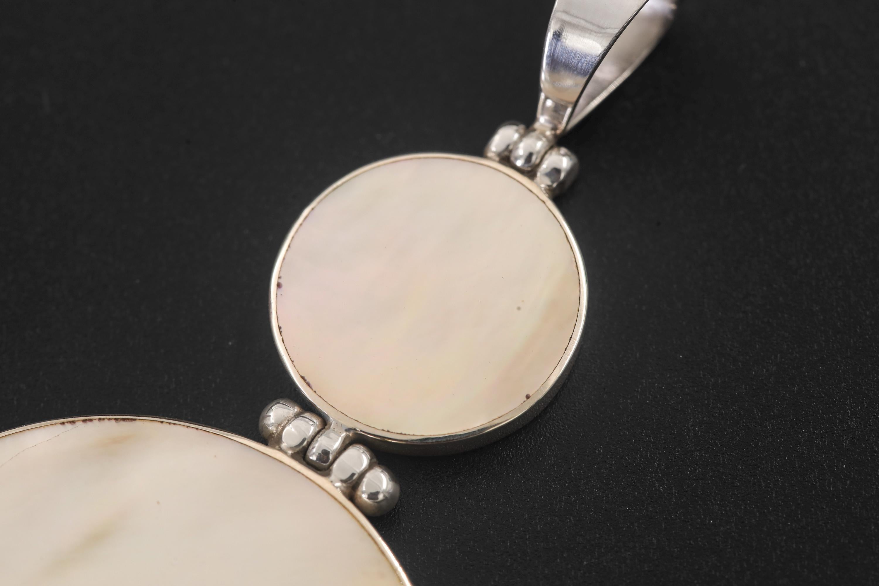 Mother of Pearl Double Disc Pendant Necklace, 925 Sterling Silver, High Polish Shell Jewelry