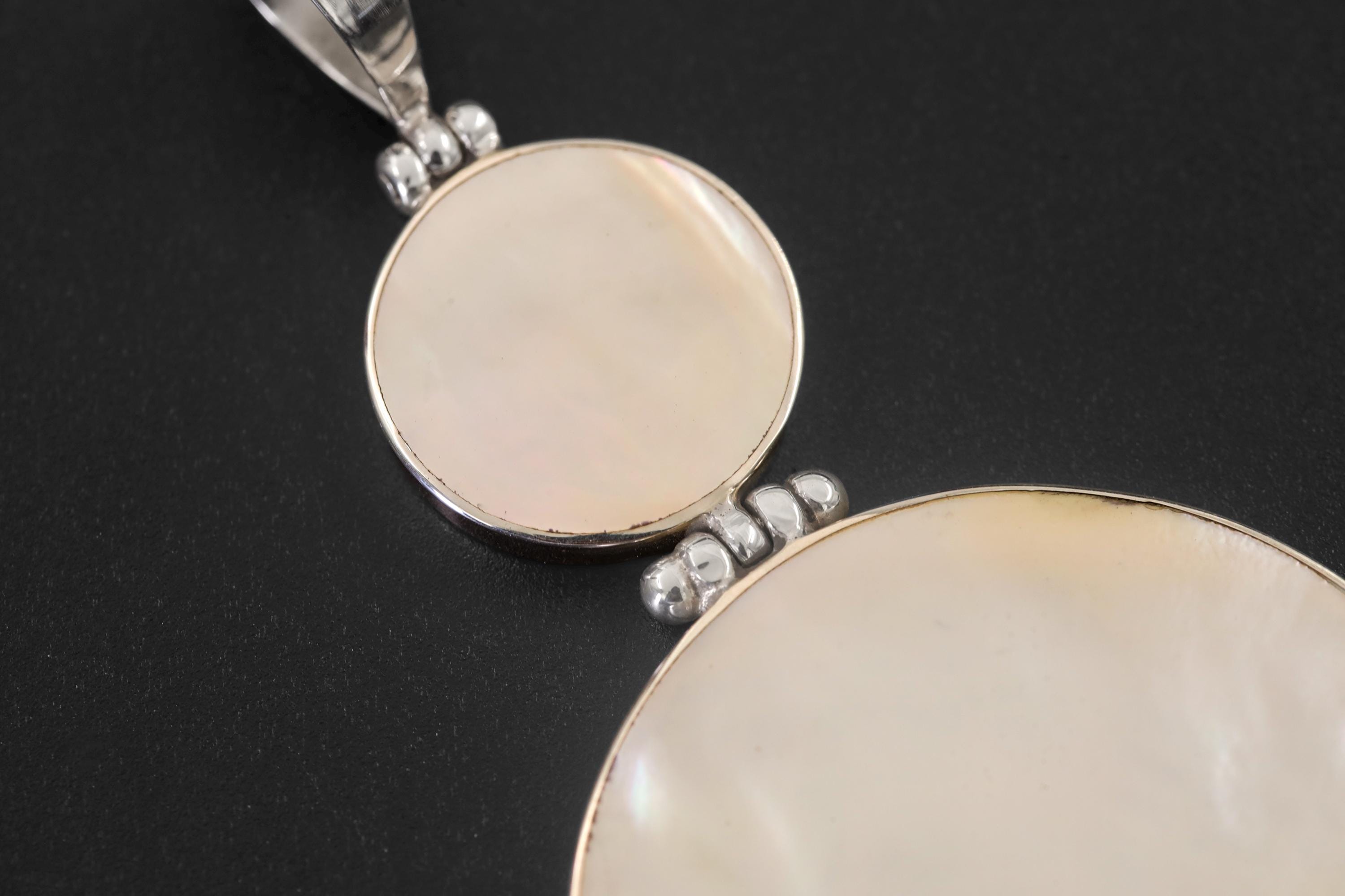 Mother of Pearl Double Disc Pendant Necklace, 925 Sterling Silver, High Polish Shell Jewelry