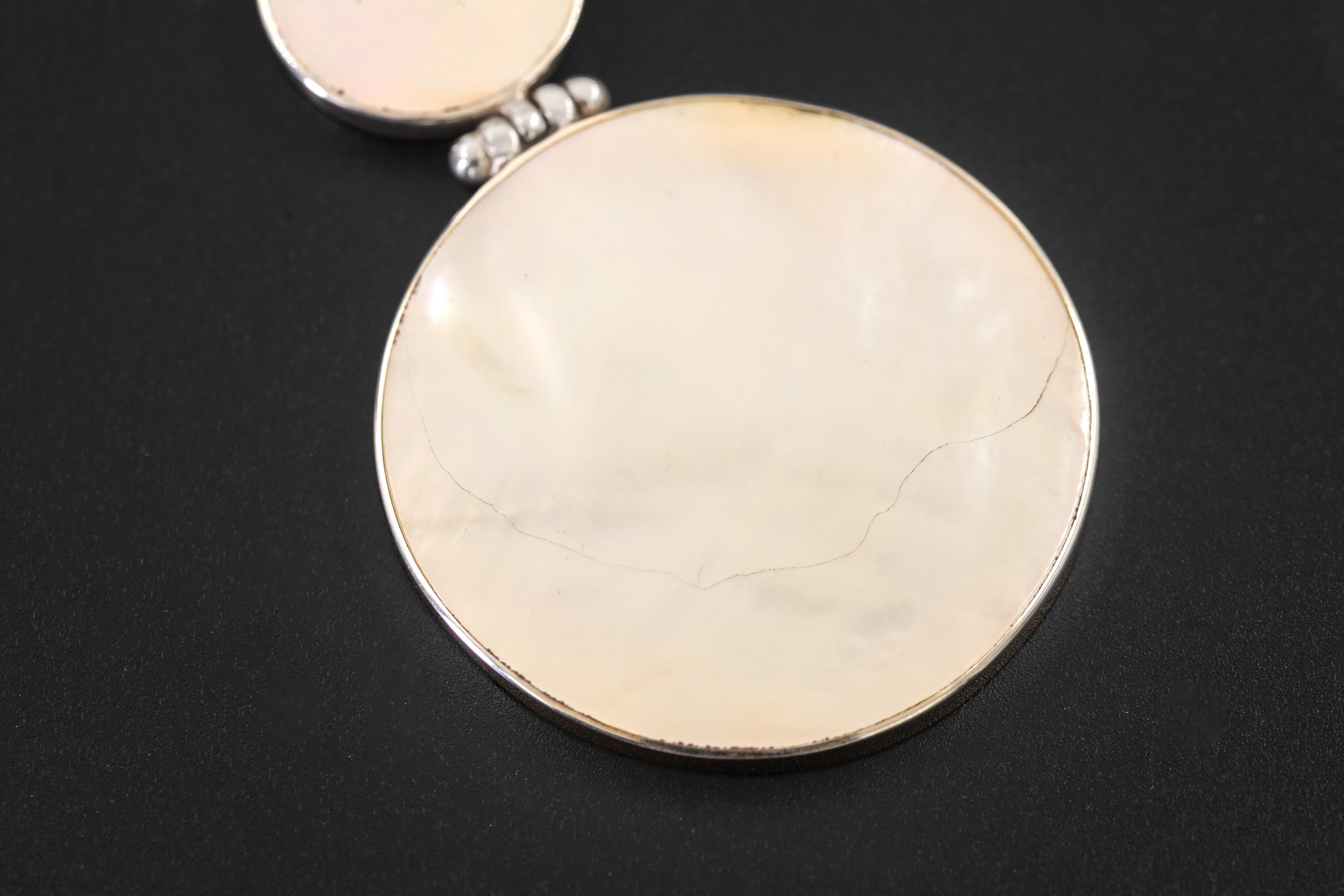 Mother of Pearl Double Disc Pendant 925 Sterling Silver Shell Necklace Charm Heart Crown Chakra Gift