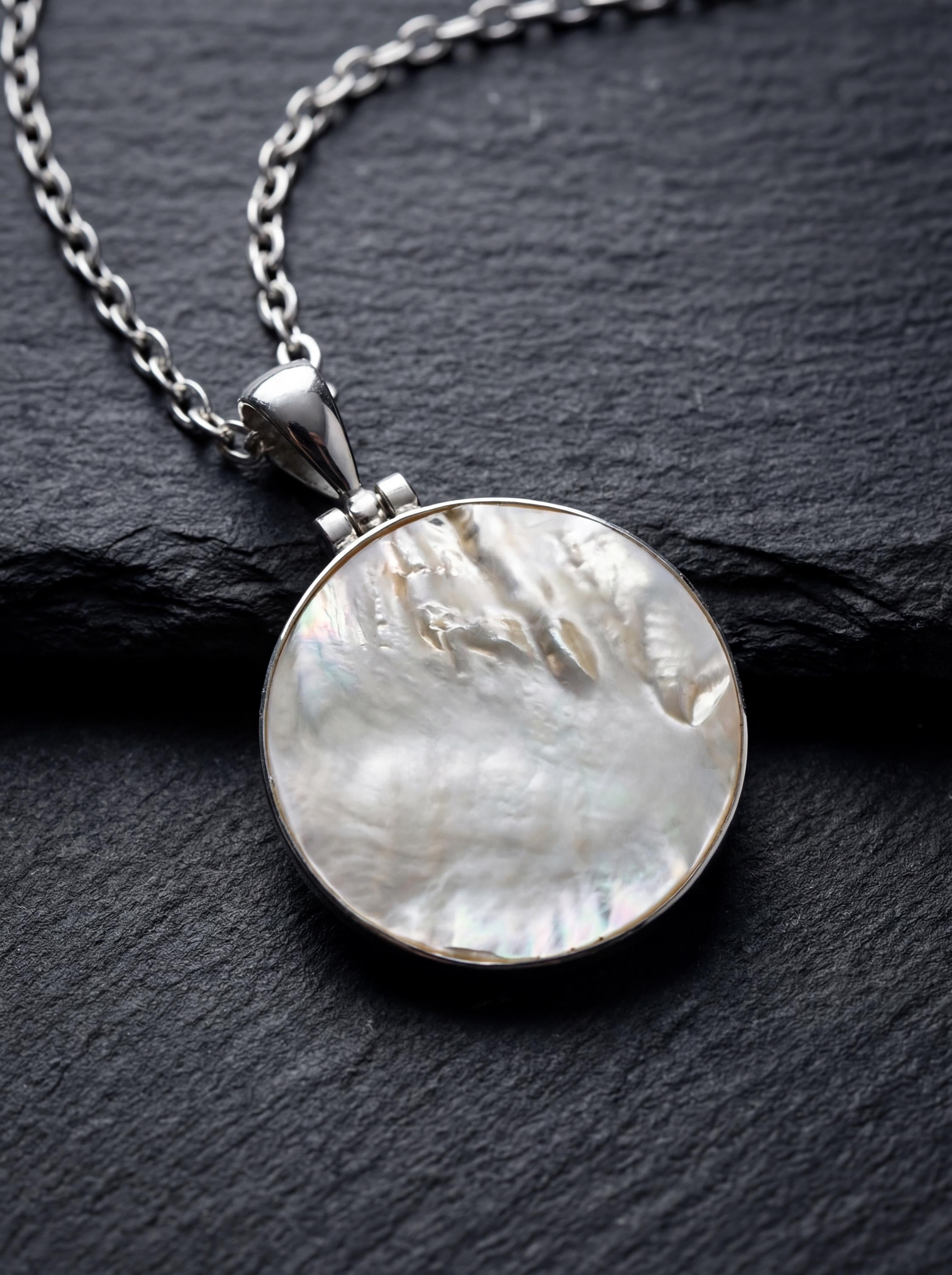 Round Mother of Pearl Pendant Necklace, Sterling Silver High Shine Polish, Boho Shell Talisman