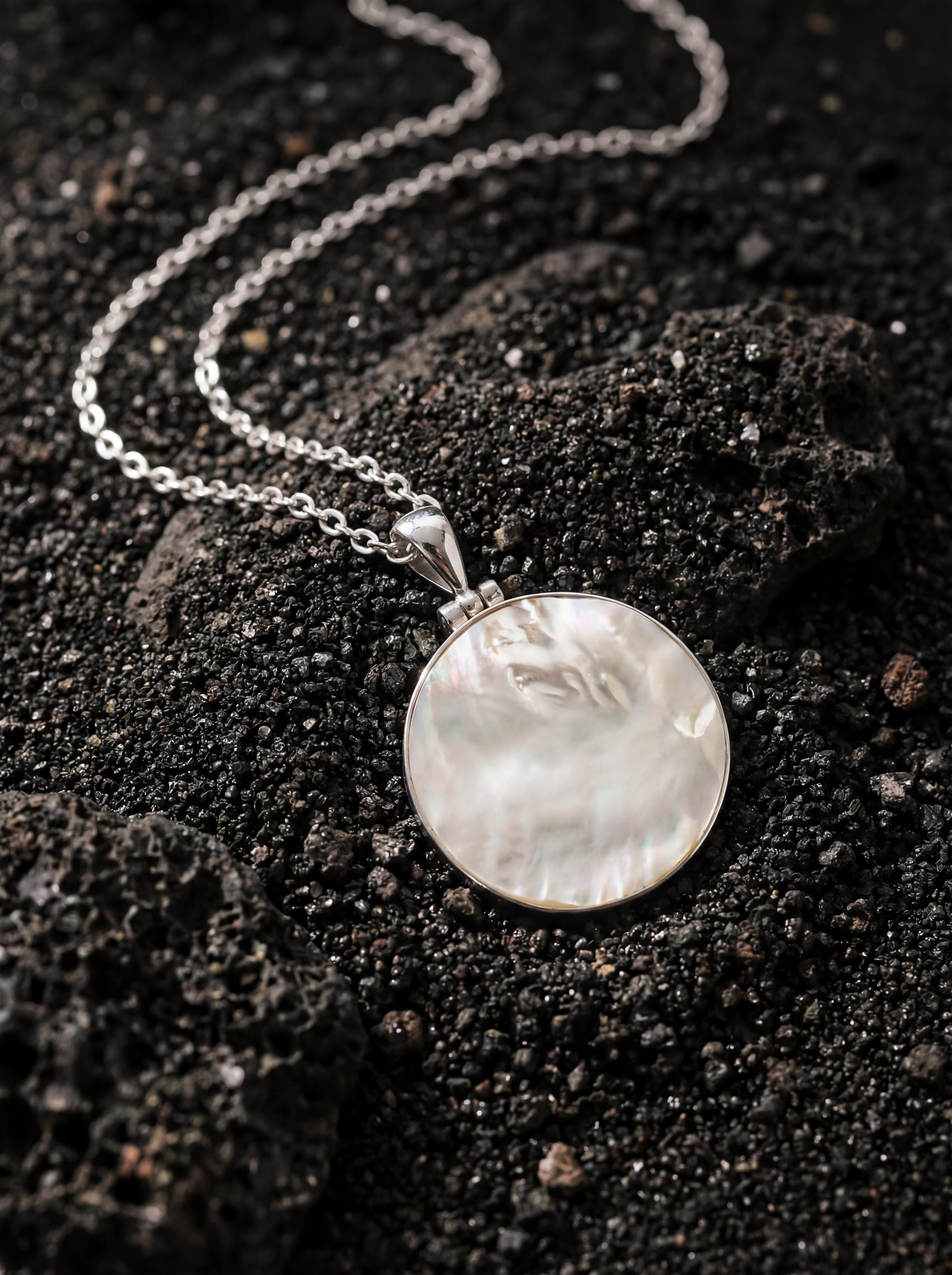 Round Mother of Pearl Pendant Necklace, Sterling Silver High Shine Polish, Boho Shell Talisman