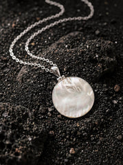 Round Mother of Pearl Pendant Necklace, Sterling Silver High Shine Polish, Boho Shell Talisman