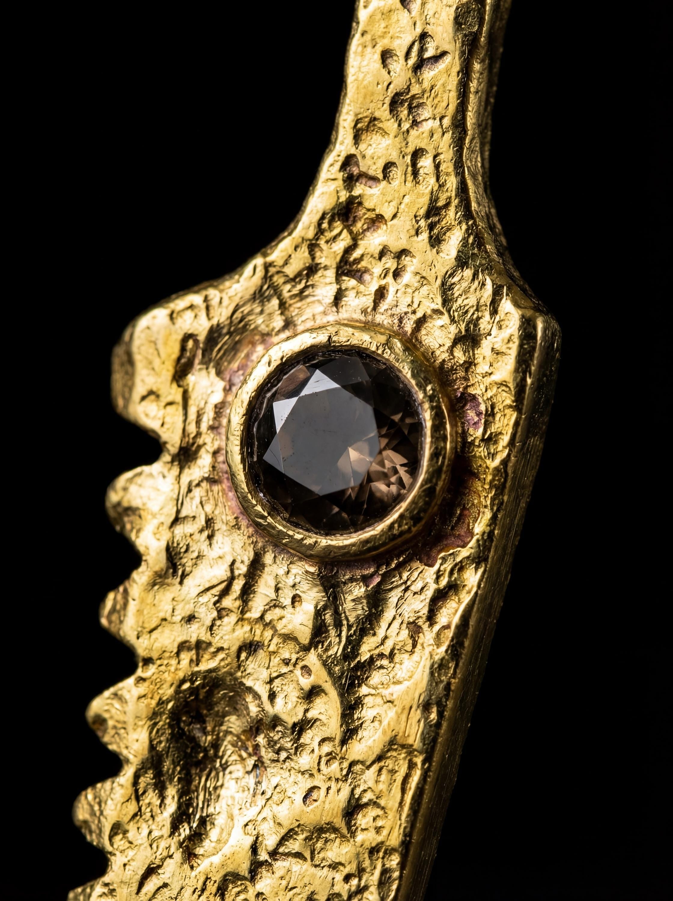 Cast Brass Cutter Spoon Pendant, 18k Gold Plated, Faceted Smoky Quartz, Ritual Talisman
