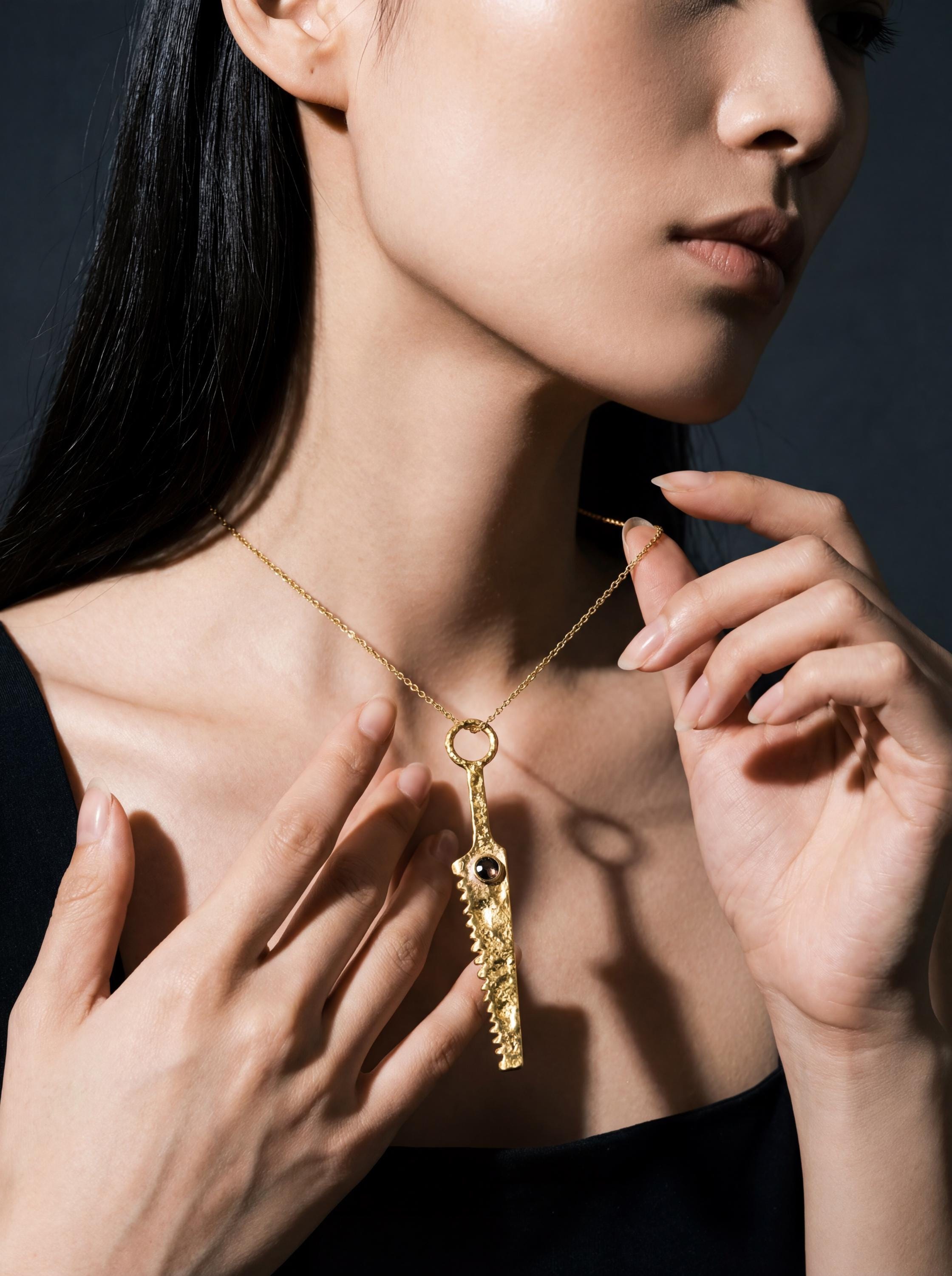 Cast Brass Cutter Spoon Pendant, 18k Gold Plated, Faceted Smoky Quartz, Ritual Talisman