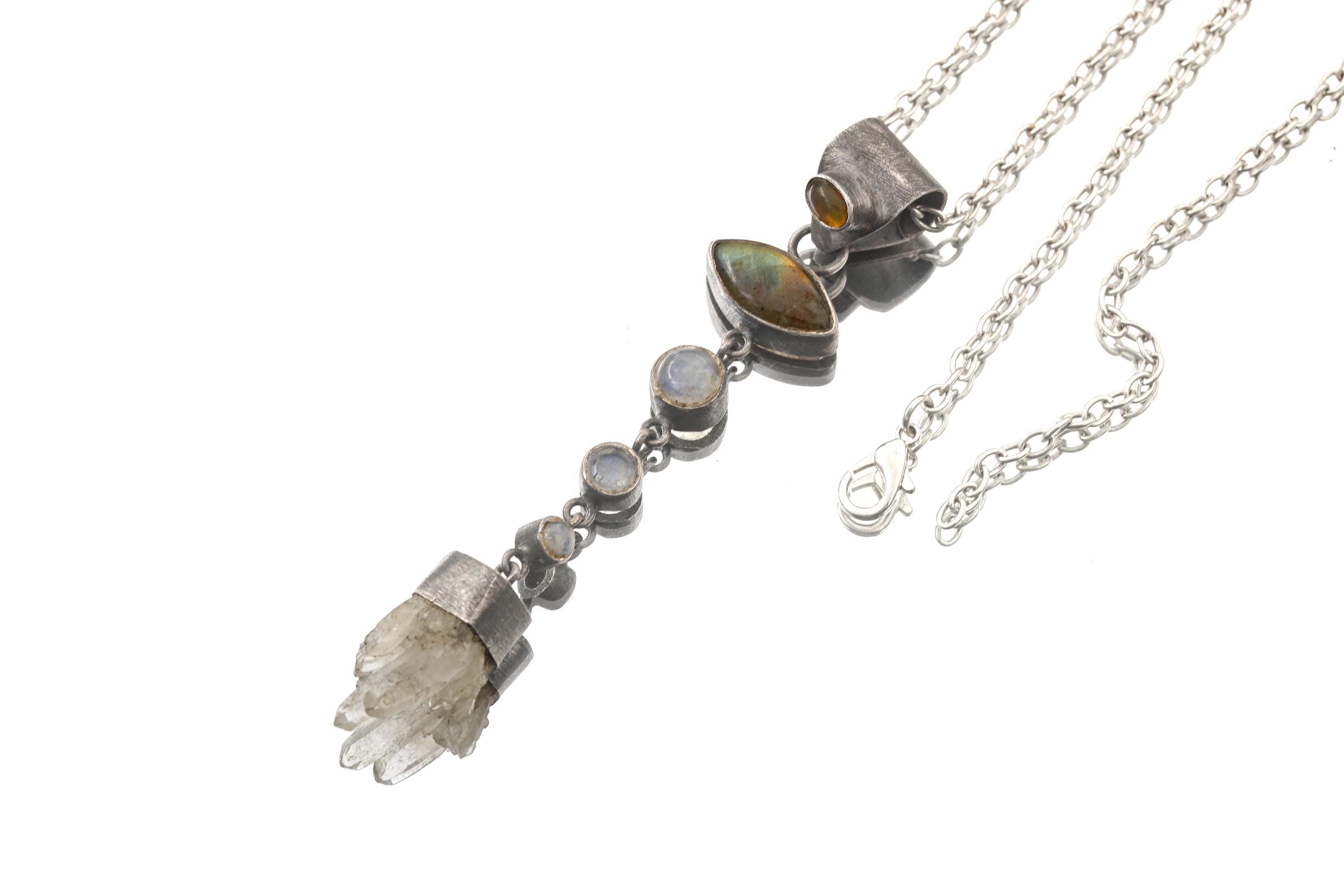 Sterling Silver Celestial Pendant: Opal, Labradorite, Moonstone & Quartz