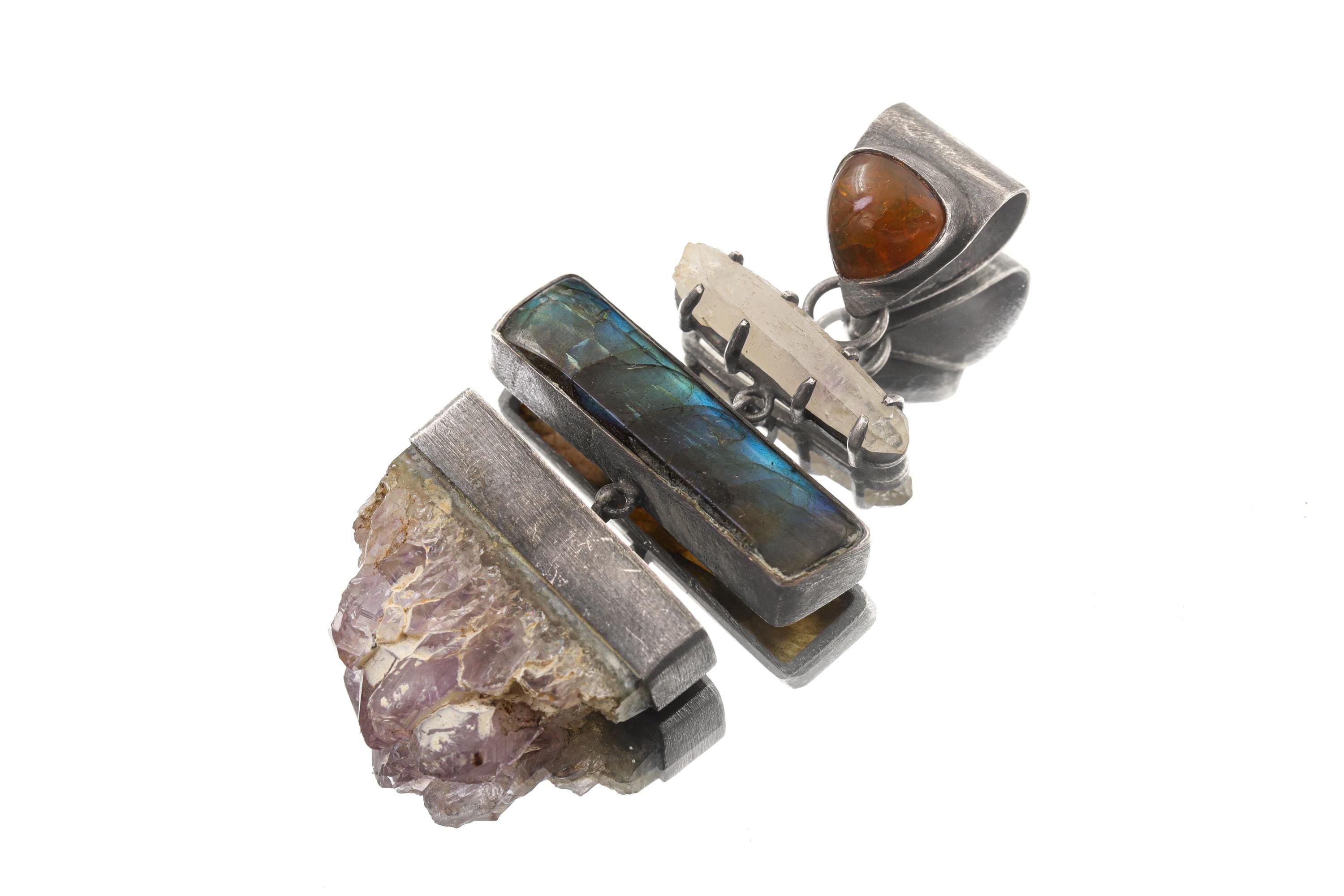 Amethyst Labradorite Opal Quartz Pendant 925 Sterling Silver Lemurian Crystal Crown Third Eye Chakra Gift