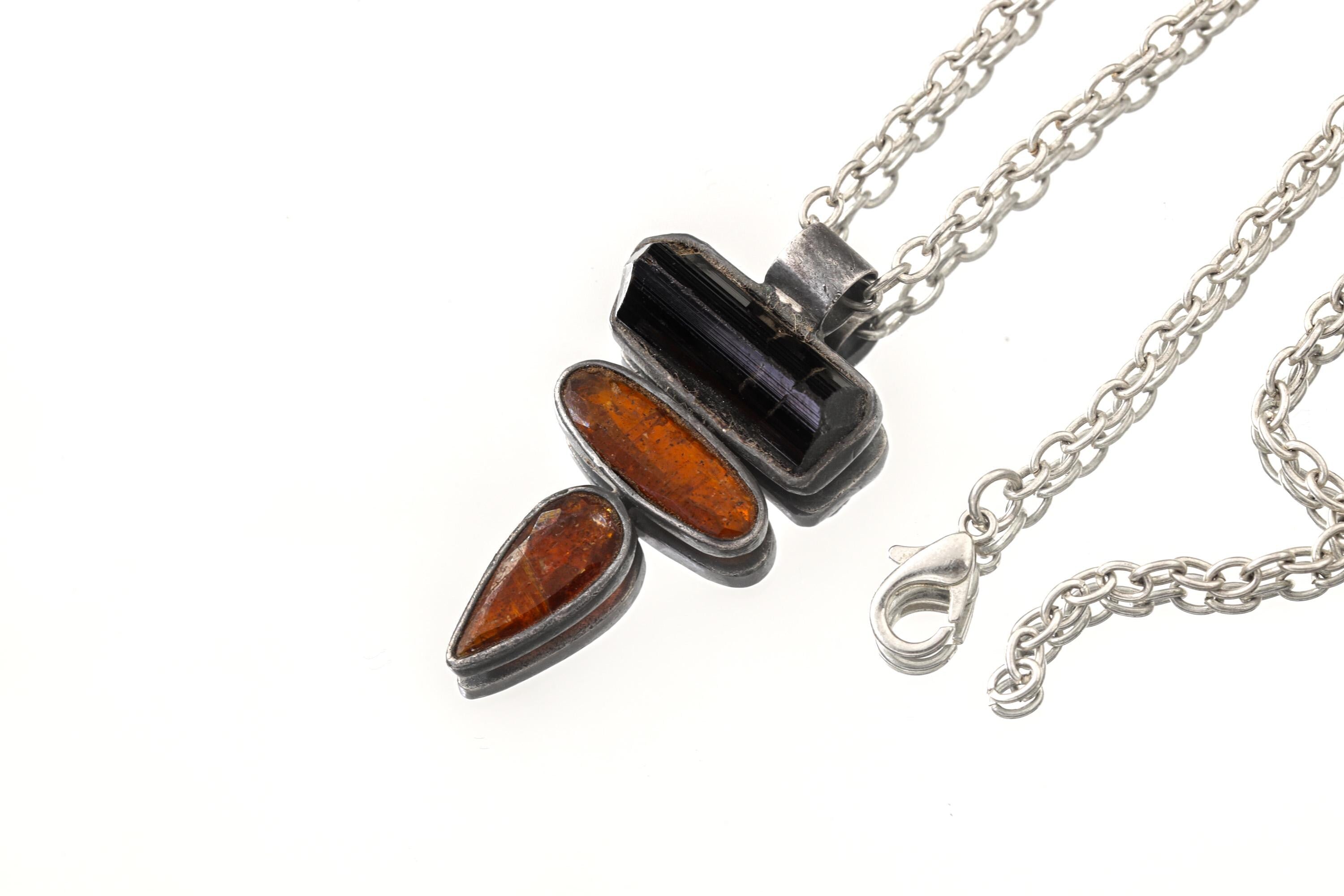 Oxidized Sterling Silver Pendant: Raw Black Tourmaline & Red Kyanite