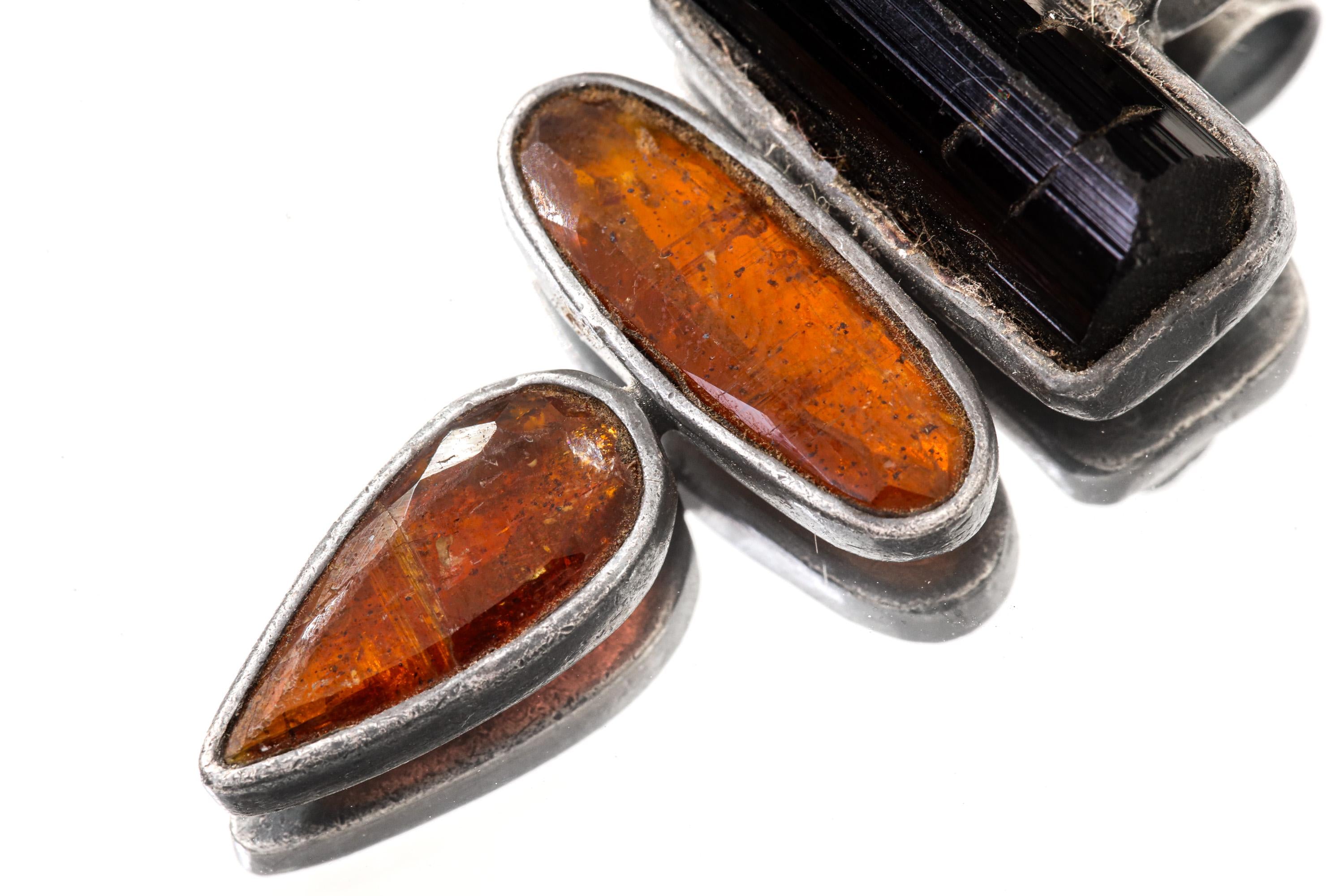 Oxidized Sterling Silver Pendant: Raw Black Tourmaline & Red Kyanite