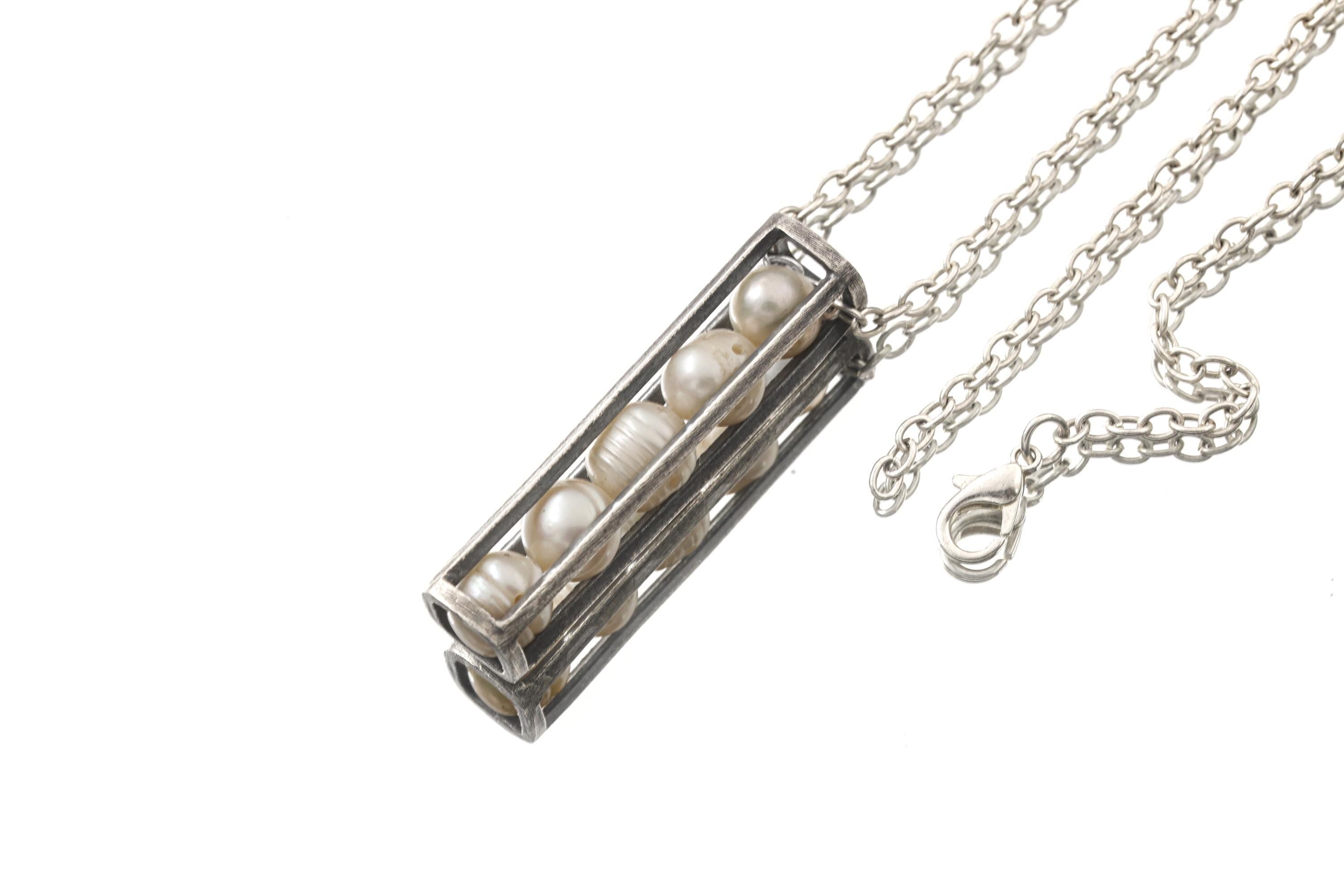 Oxidized Sterling Silver Pearl Cage Pendant Necklace: Hammered Silver