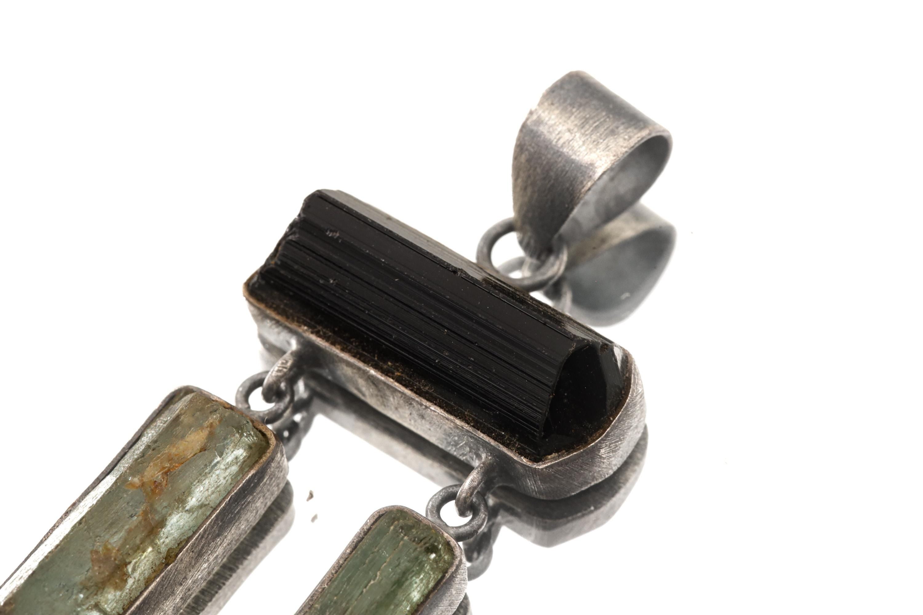 Raw Black Tourmaline Aquamarine Amethyst Sterling Silver Pendant