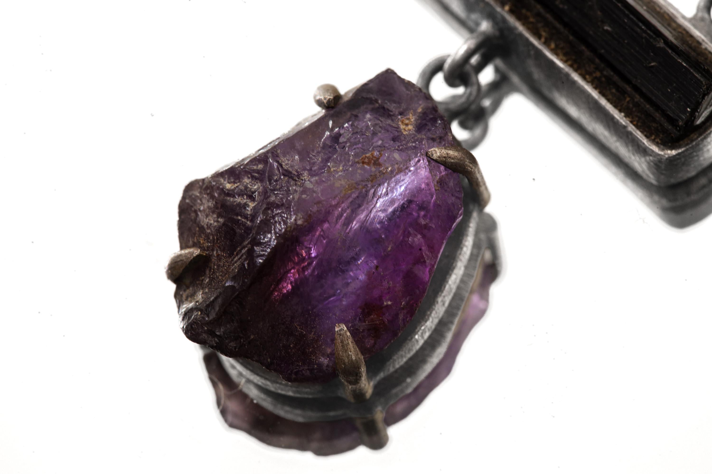 Aquamarine Amethyst Tourmaline Pendant 925 Silver Oxidized Textured Five Stone Talisman Virgo Libra Gift