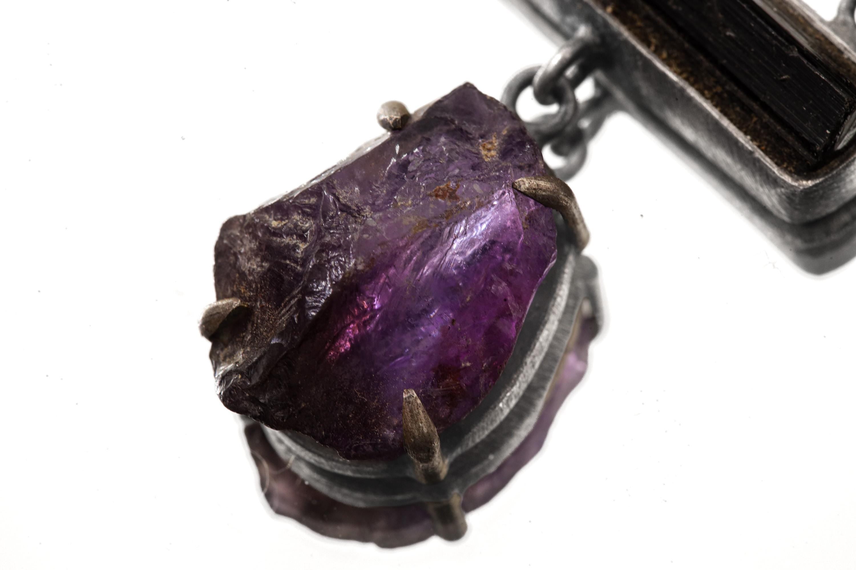 Aquamarine Amethyst Tourmaline Pendant 925 Silver Oxidized Textured Five Stone Talisman Virgo Libra Gift