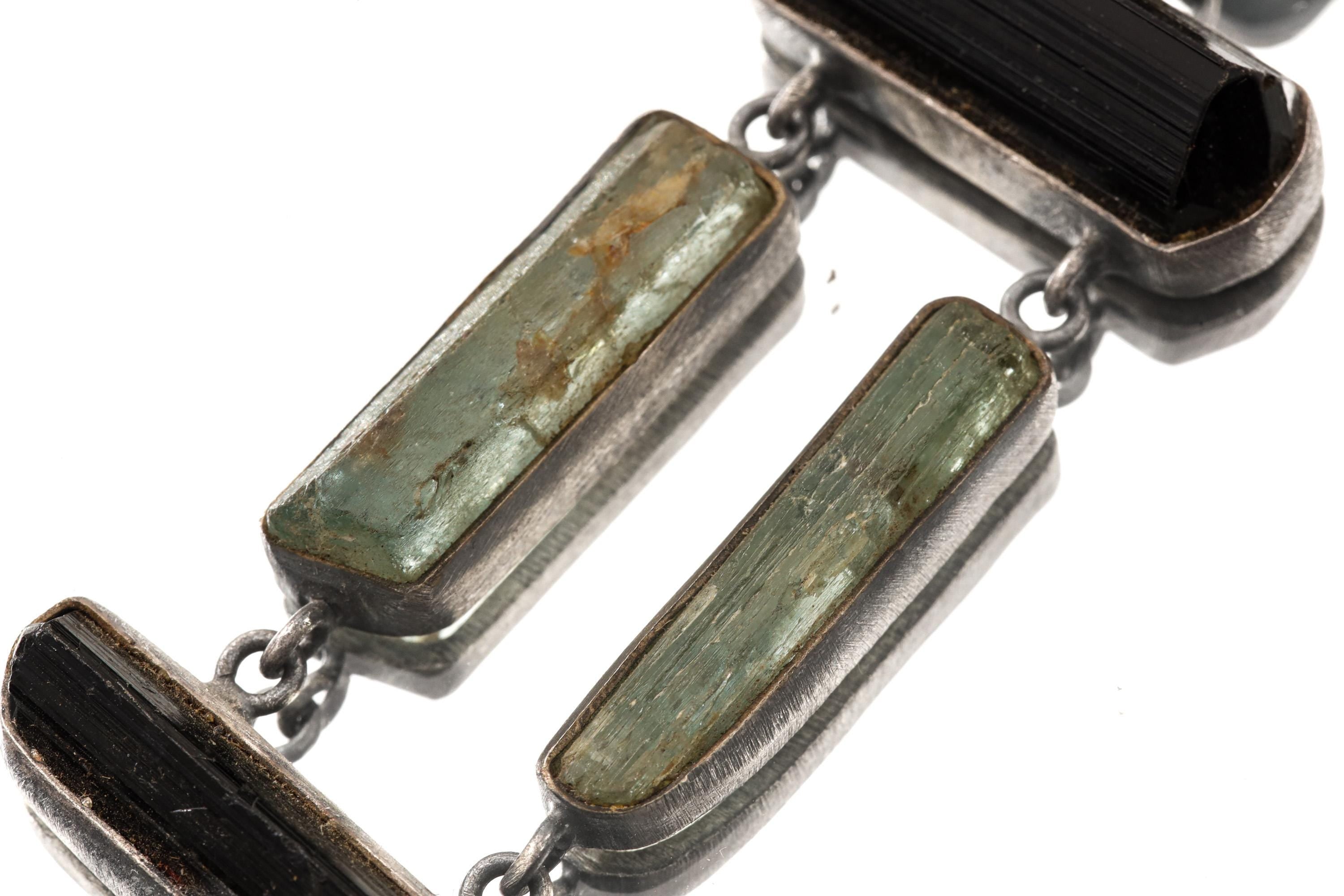 Raw Black Tourmaline Aquamarine Amethyst Sterling Silver Pendant