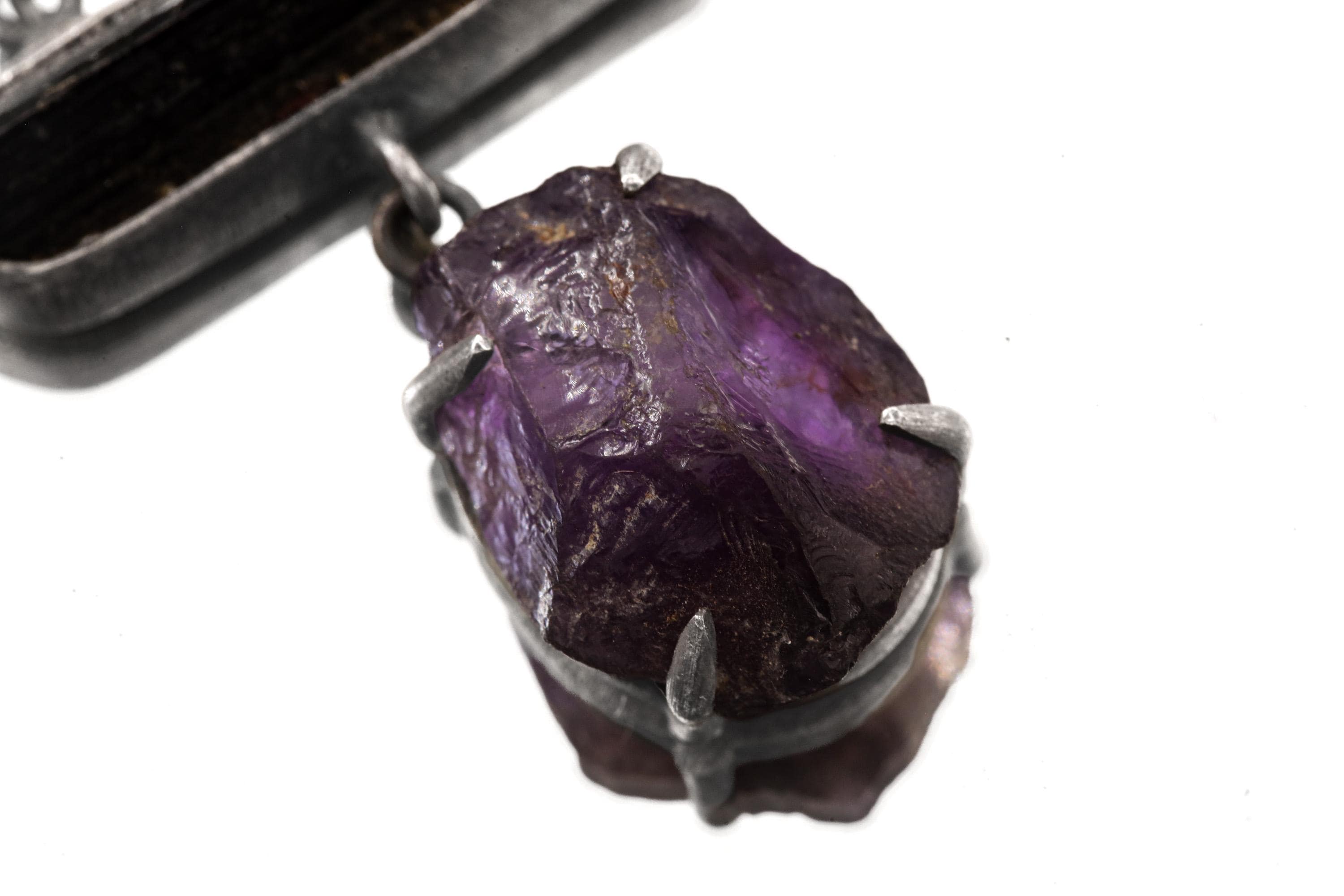 Raw Black Tourmaline Aquamarine Amethyst Sterling Silver Pendant