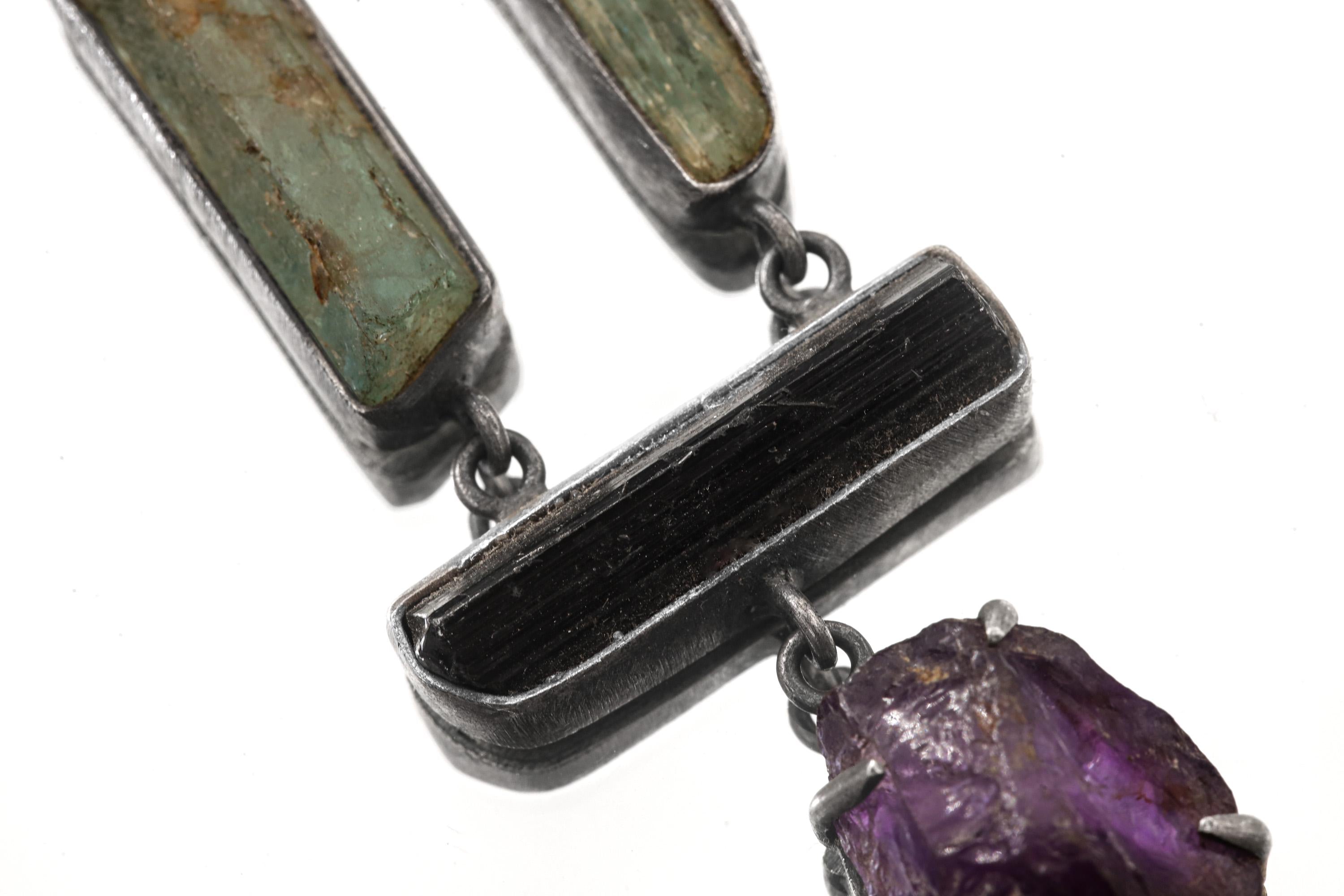 Raw Black Tourmaline Aquamarine Amethyst Sterling Silver Pendant