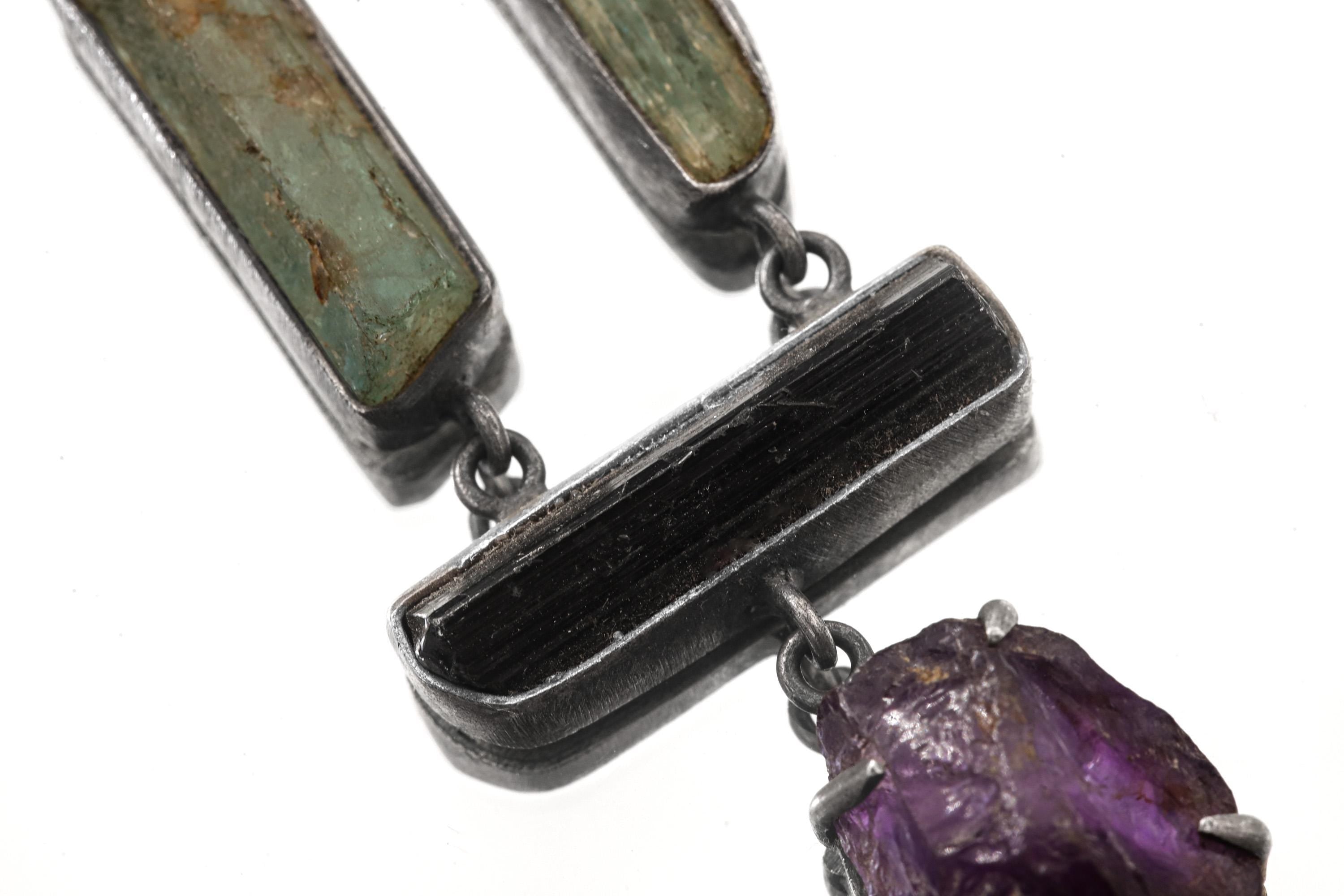 Aquamarine Amethyst Tourmaline Pendant 925 Silver Oxidized Textured Five Stone Talisman Virgo Libra Gift