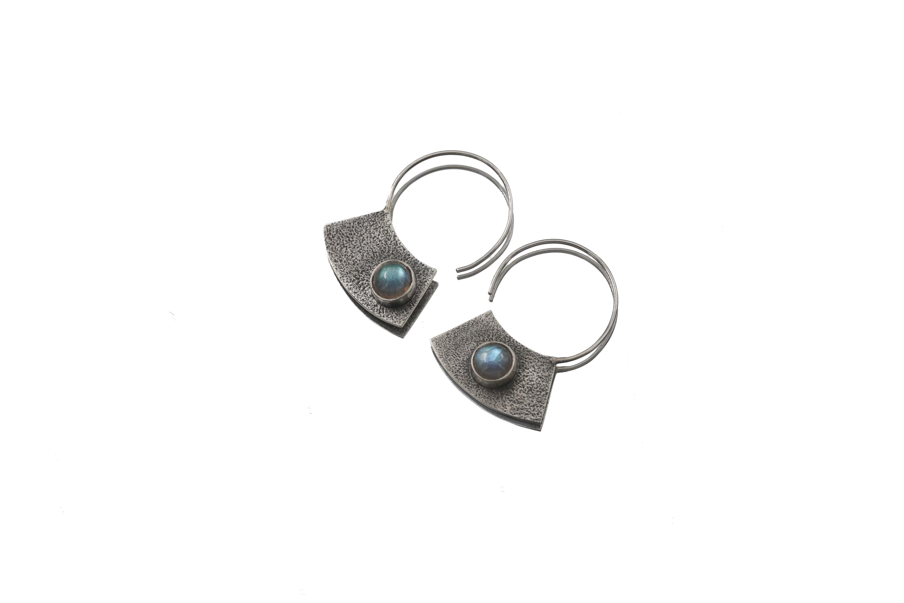 Oxidized Sterling Silver Hoop Earrings with Blue Flash Labradorite – Textured Boho Statement Jewelry