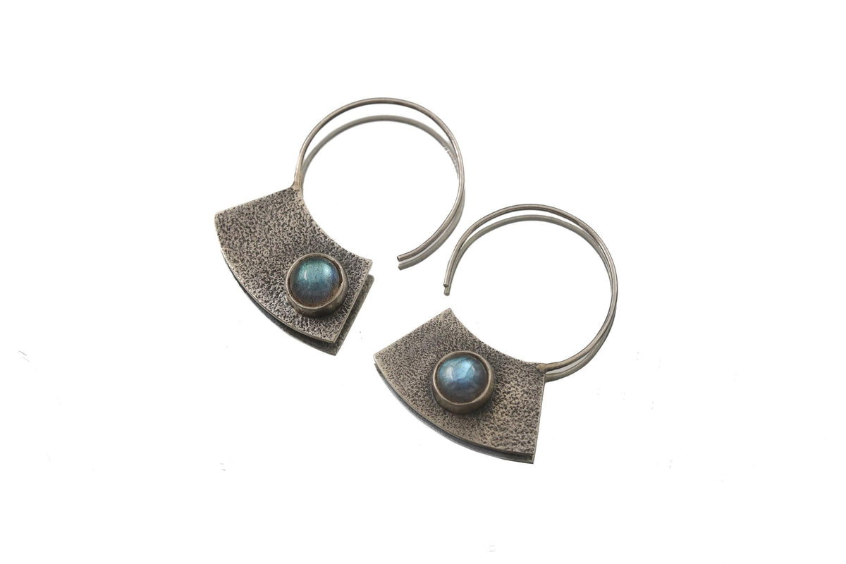 Oxidized Sterling Silver Hoop Earrings with Blue Flash Labradorite – Textured Boho Statement Jewelry