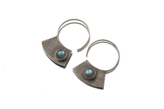 Oxidized Sterling Silver Hoop Earrings with Blue Flash Labradorite – Textured Boho Statement Jewelry