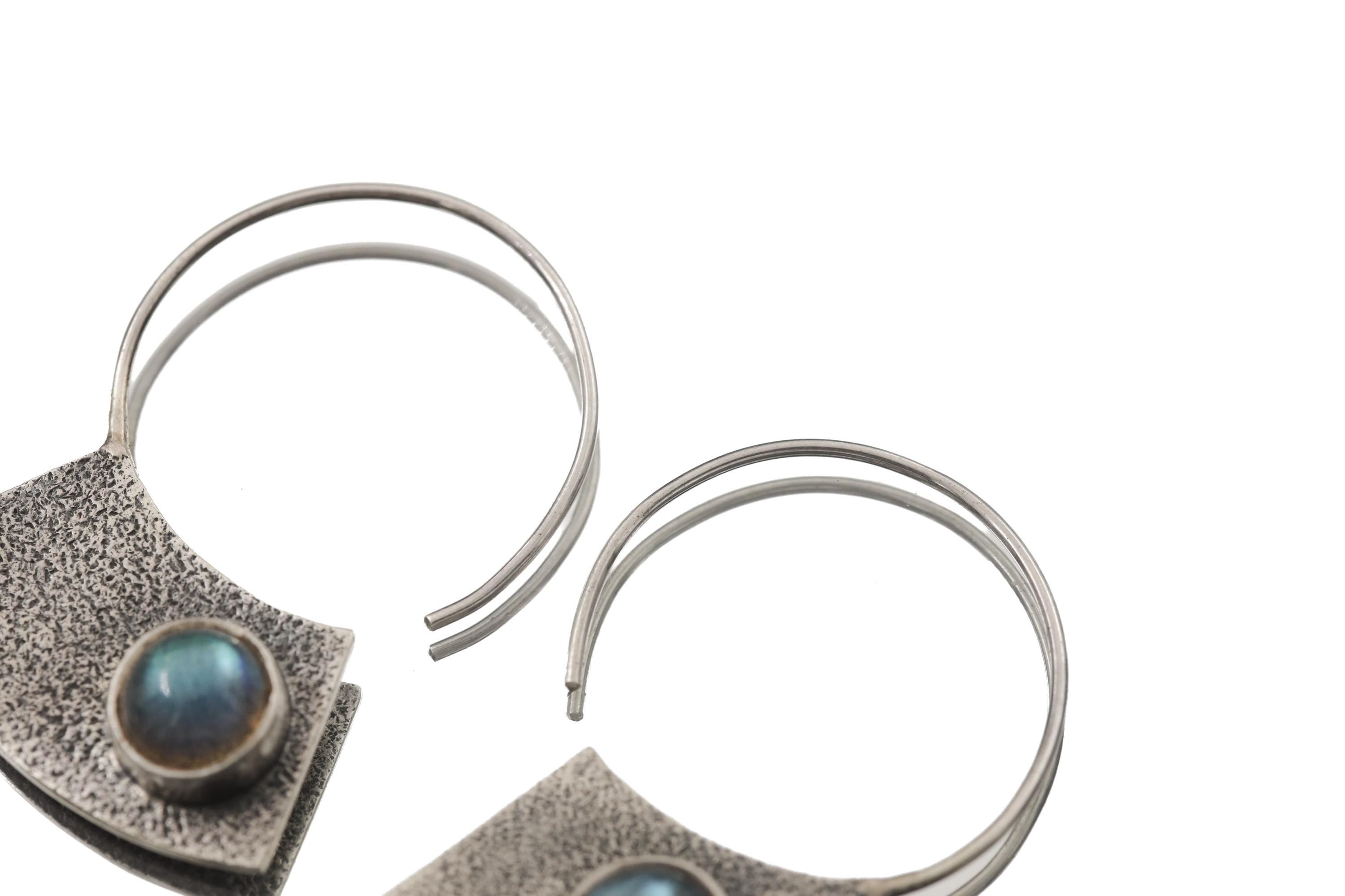 Oxidized Sterling Silver Hoop Earrings with Blue Flash Labradorite – Textured Boho Statement Jewelry