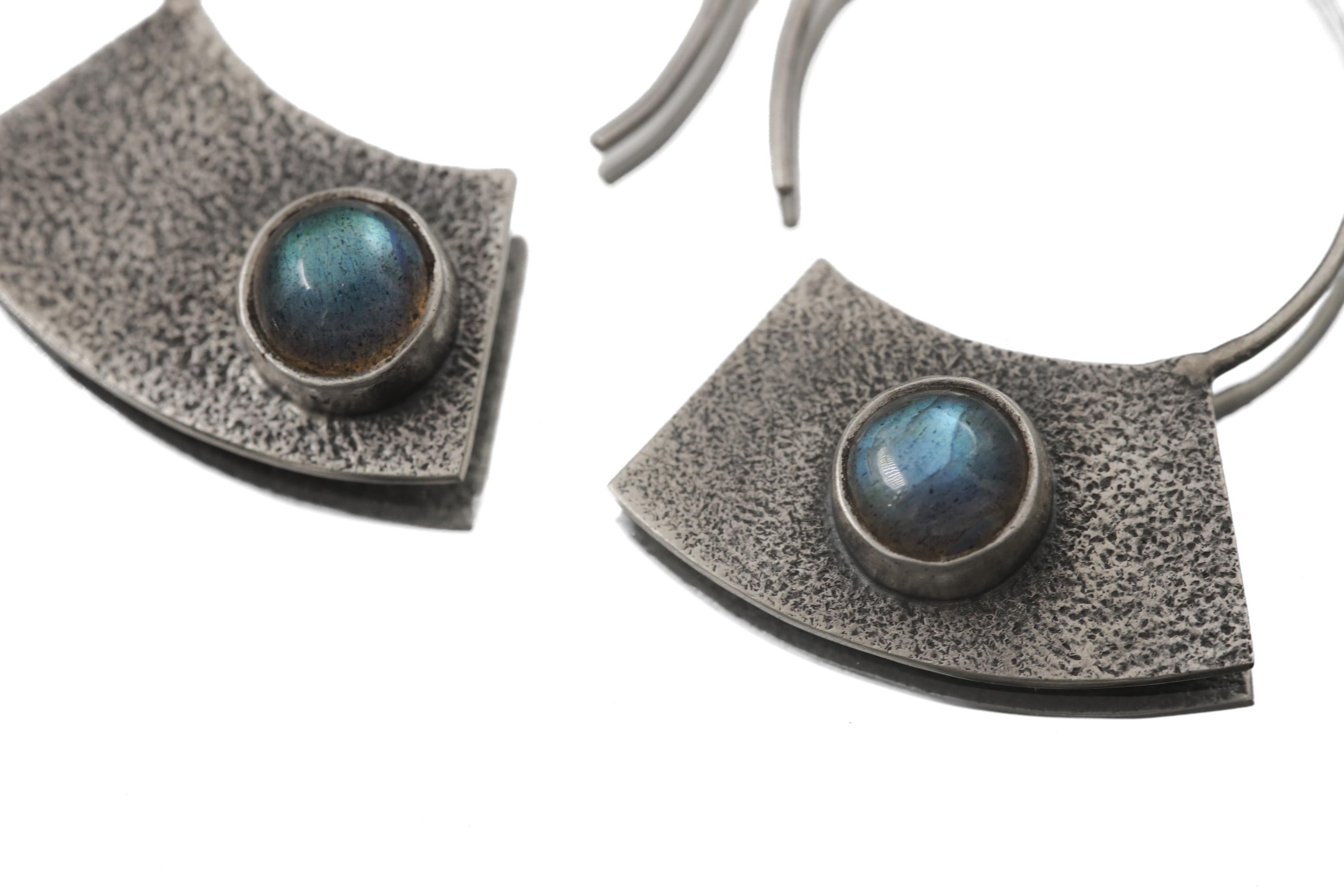 Oxidized Sterling Silver Hoop Earrings with Blue Flash Labradorite – Textured Boho Statement Jewelry