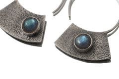 Oxidized Sterling Silver Hoop Earrings with Blue Flash Labradorite – Textured Boho Statement Jewelry