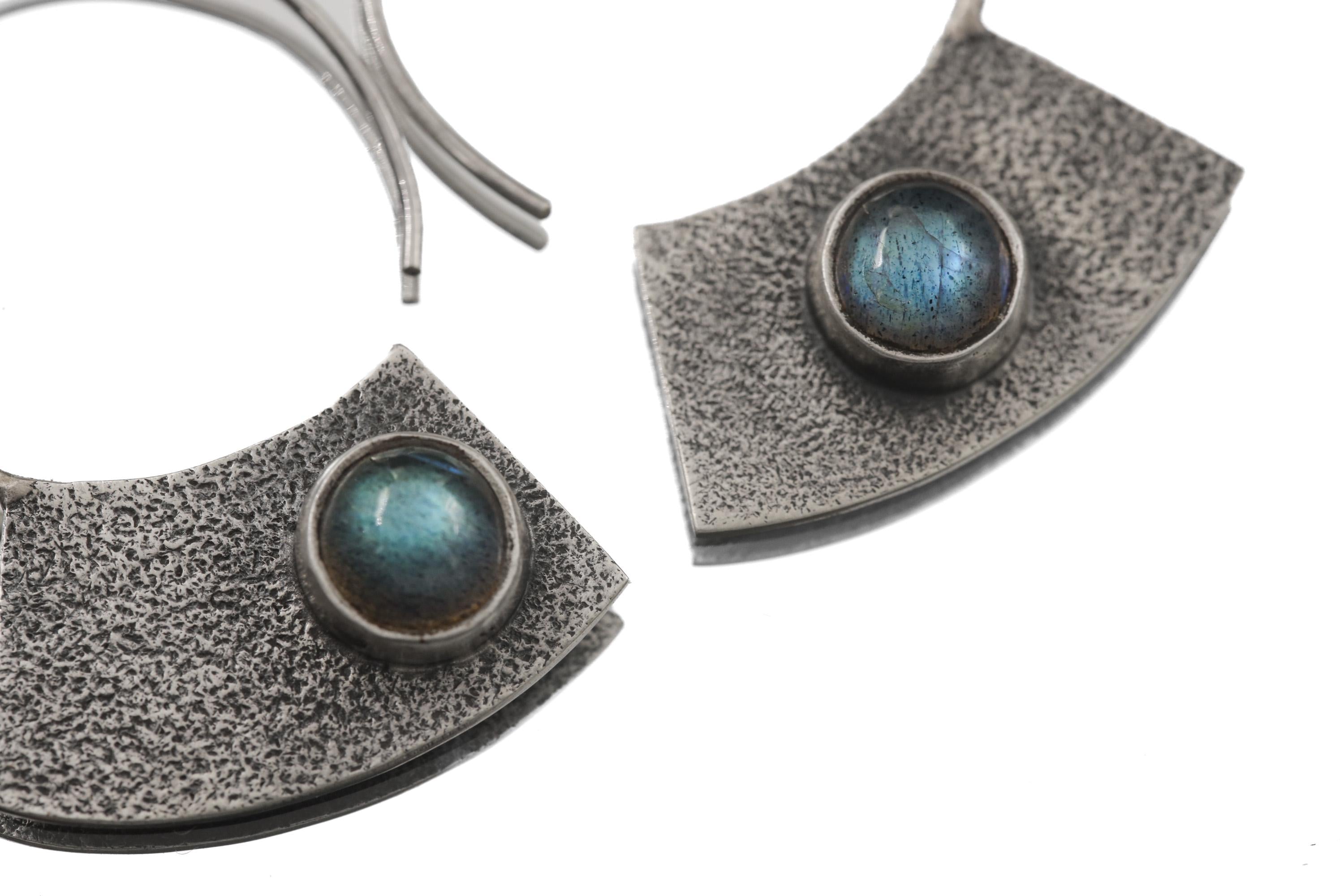Oxidized Sterling Silver Hoop Earrings with Blue Flash Labradorite – Textured Boho Statement Jewelry