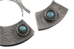 Oxidized Sterling Silver Hoop Earrings with Blue Flash Labradorite – Textured Boho Statement Jewelry