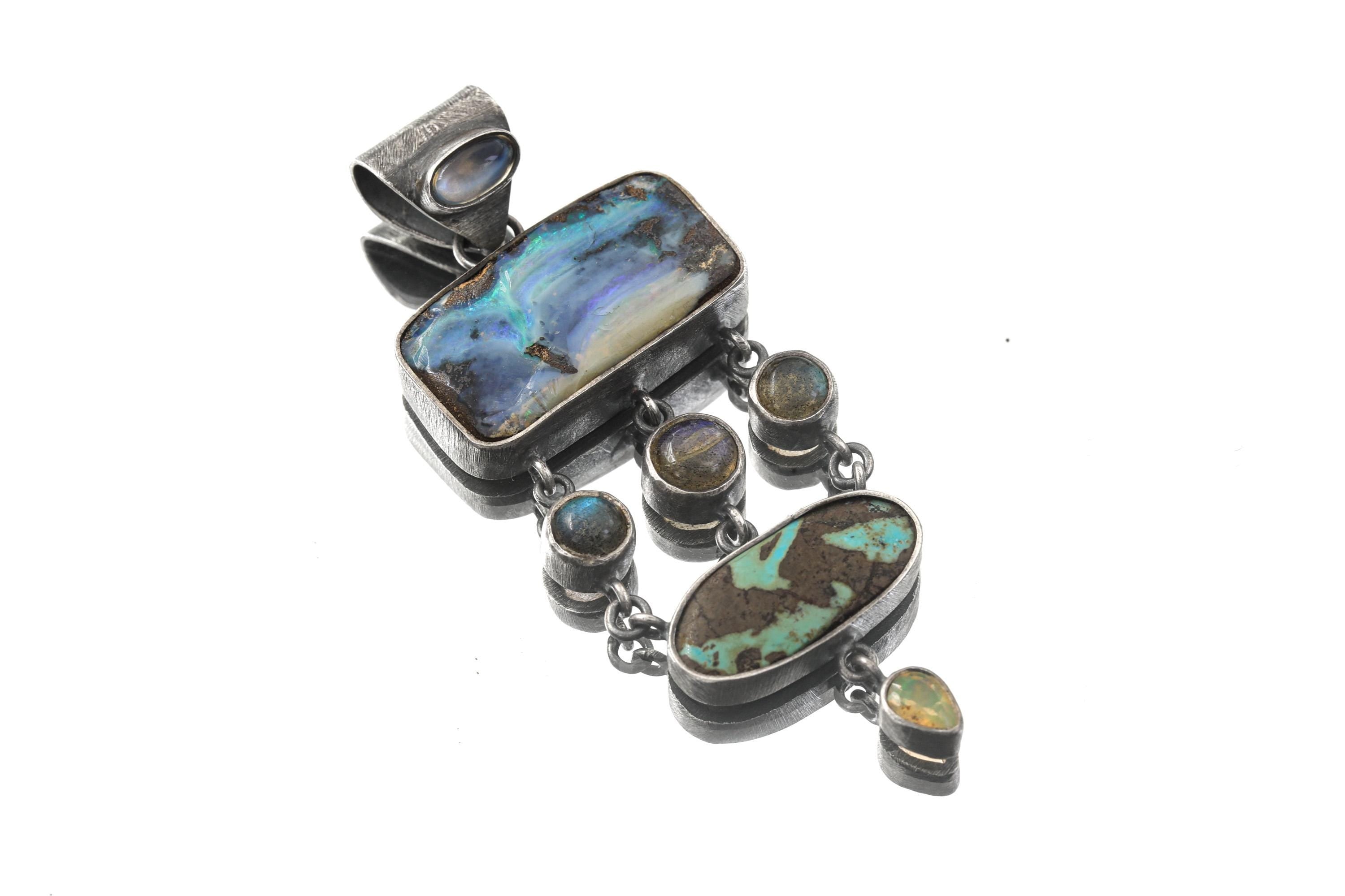 Oxidized Sterling Silver Gemstone Pendant: Australian Opal, Labradorite, Turquoise, Moonstone