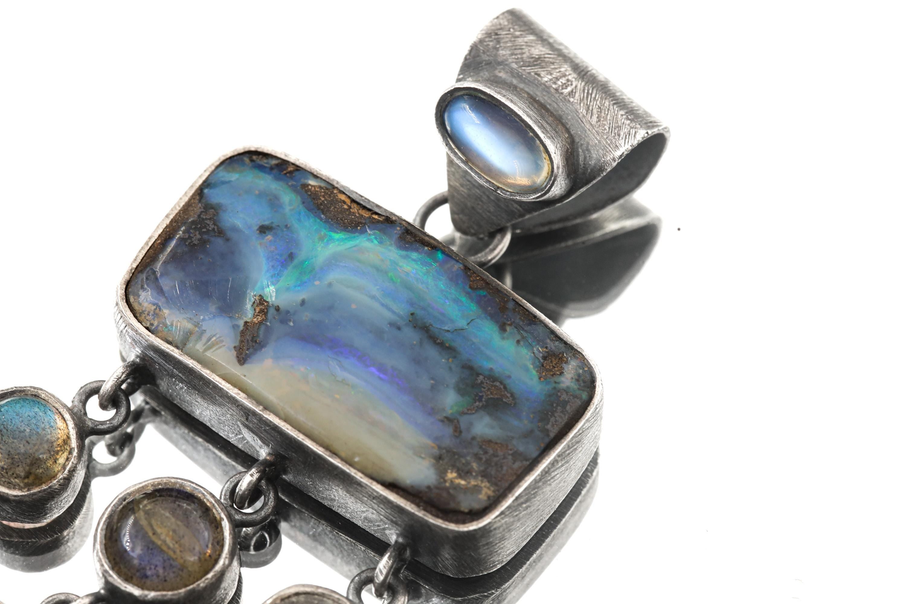 Oxidized Sterling Silver Gemstone Pendant: Australian Opal, Labradorite, Turquoise, Moonstone