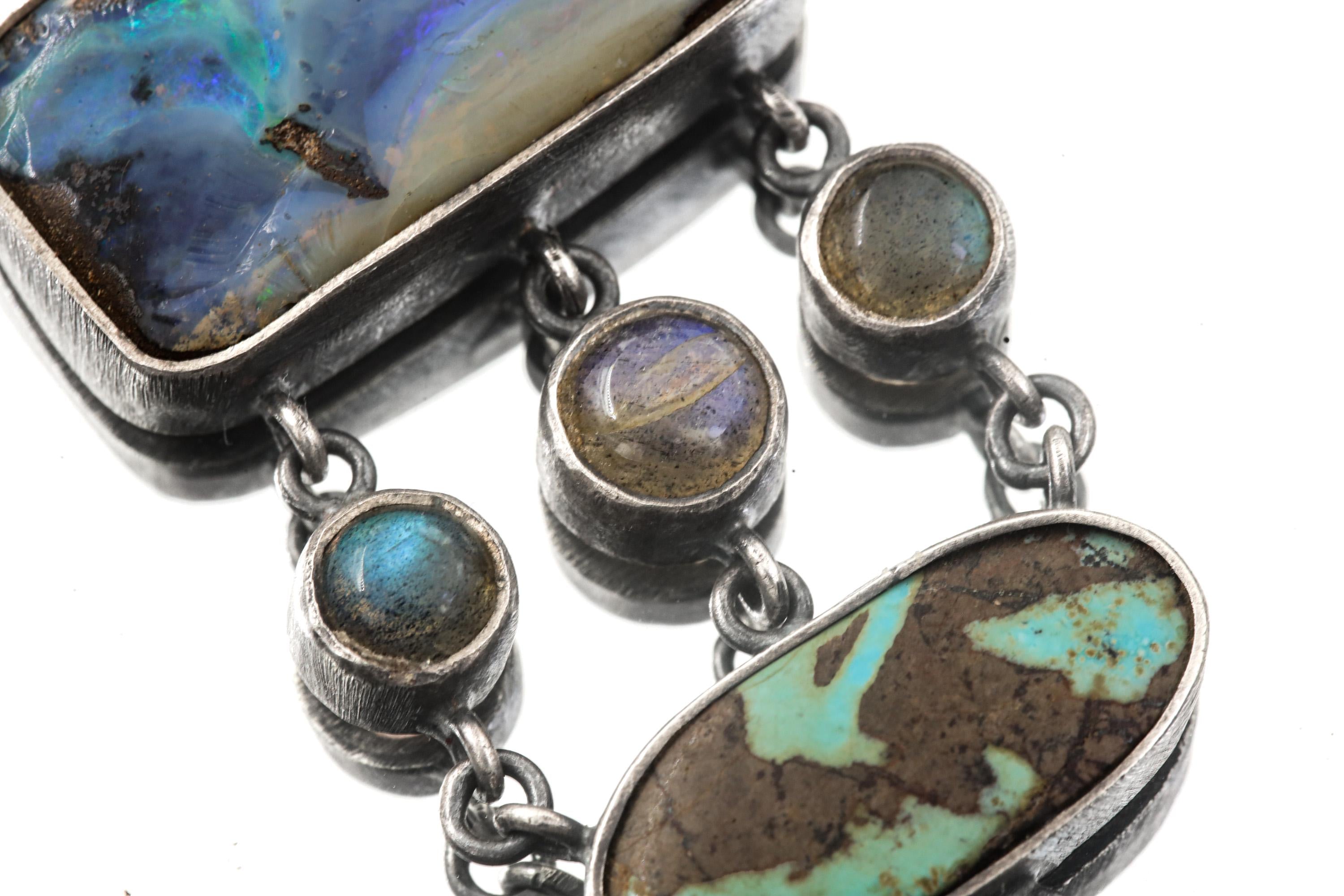 Oxidized Sterling Silver Gemstone Pendant: Australian Opal, Labradorite, Turquoise, Moonstone