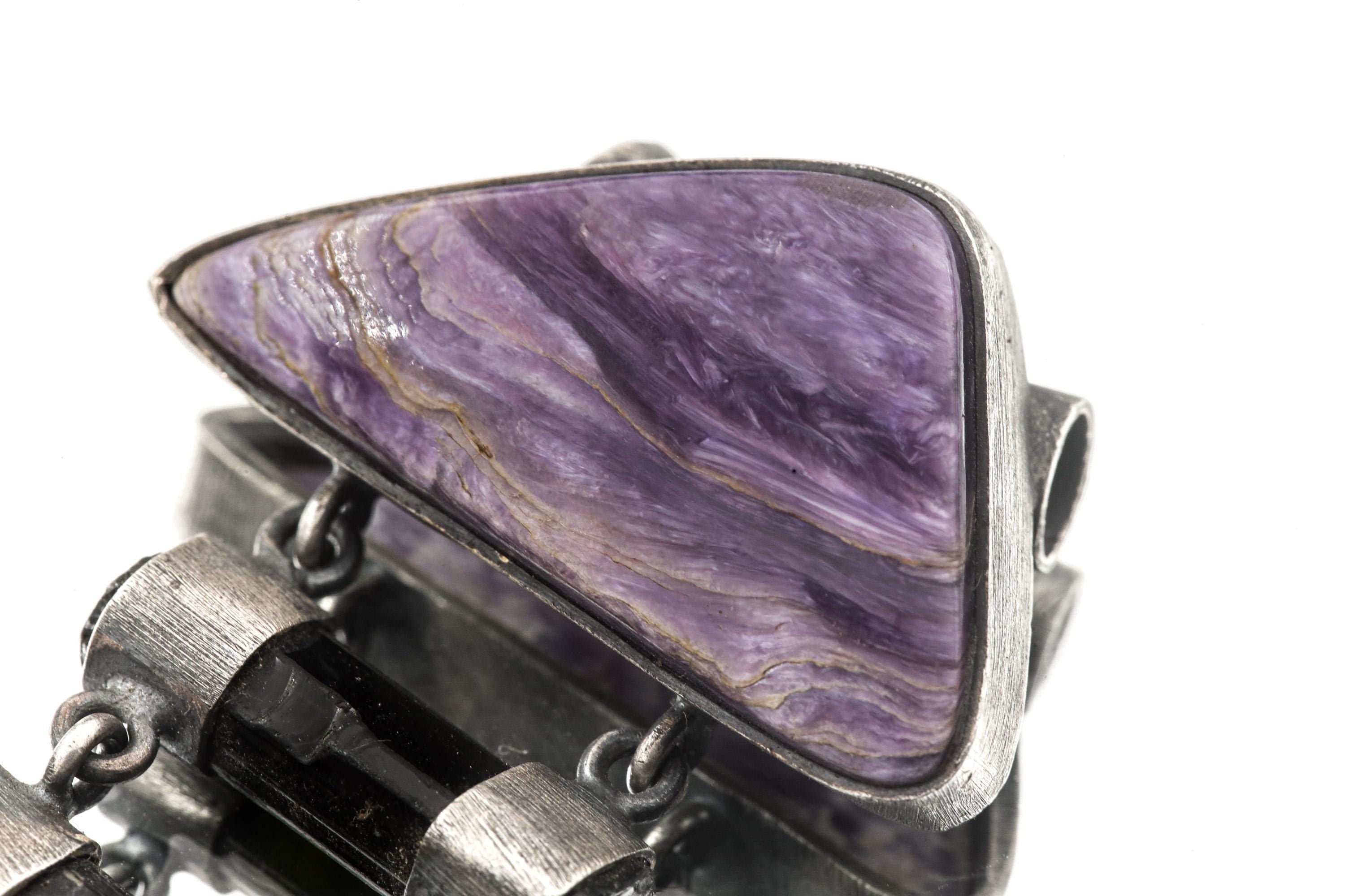Double AAA Charoite & double natural black Tourmaline sticks - Sterling Silver - Rustic Finish - Pendant
