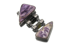Charoite and Black Tourmaline heirloom pendant shown on a white background with hinged sterling silver construction.