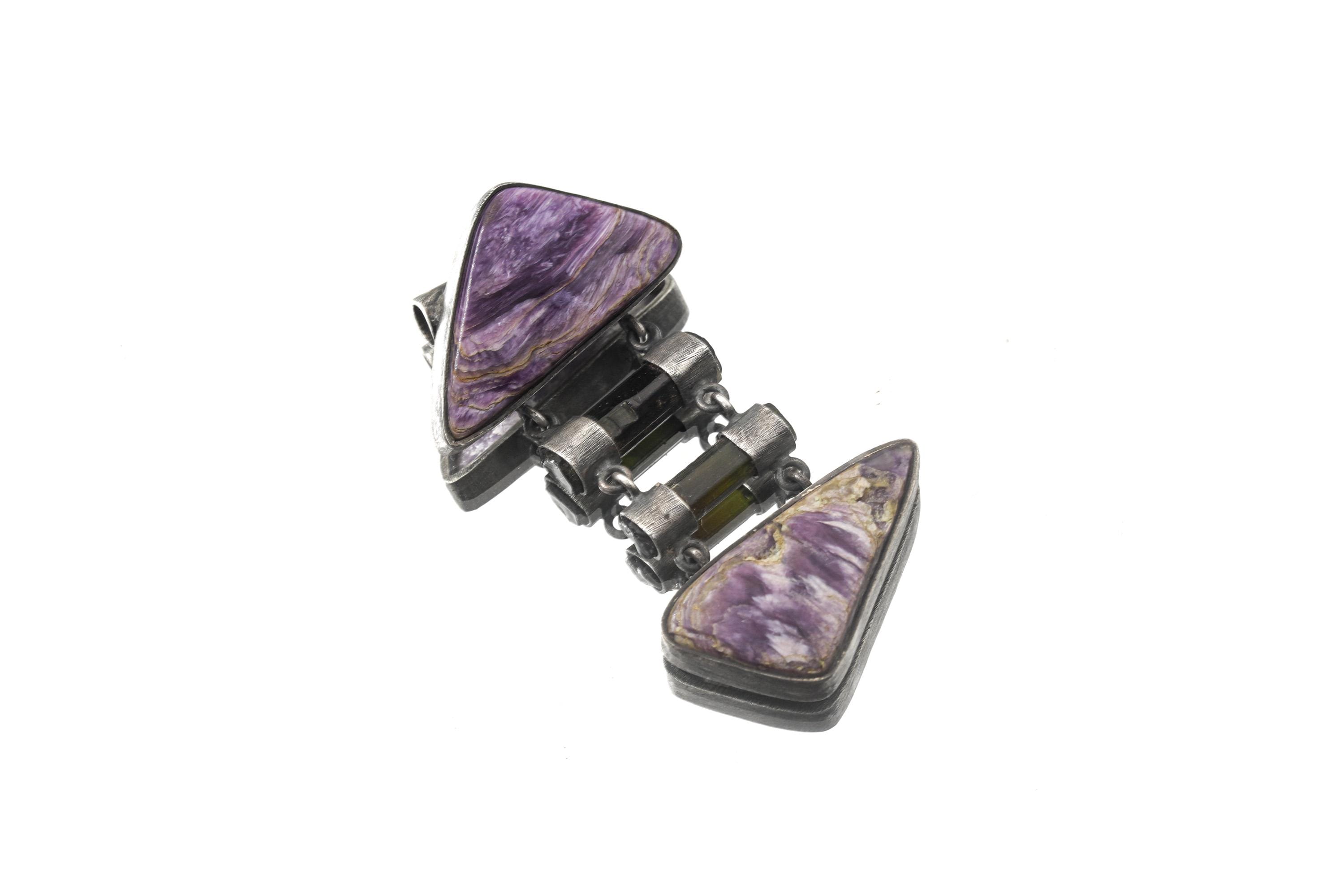 Double AAA Charoite & double natural black Tourmaline sticks - Sterling Silver - Rustic Finish - Pendant