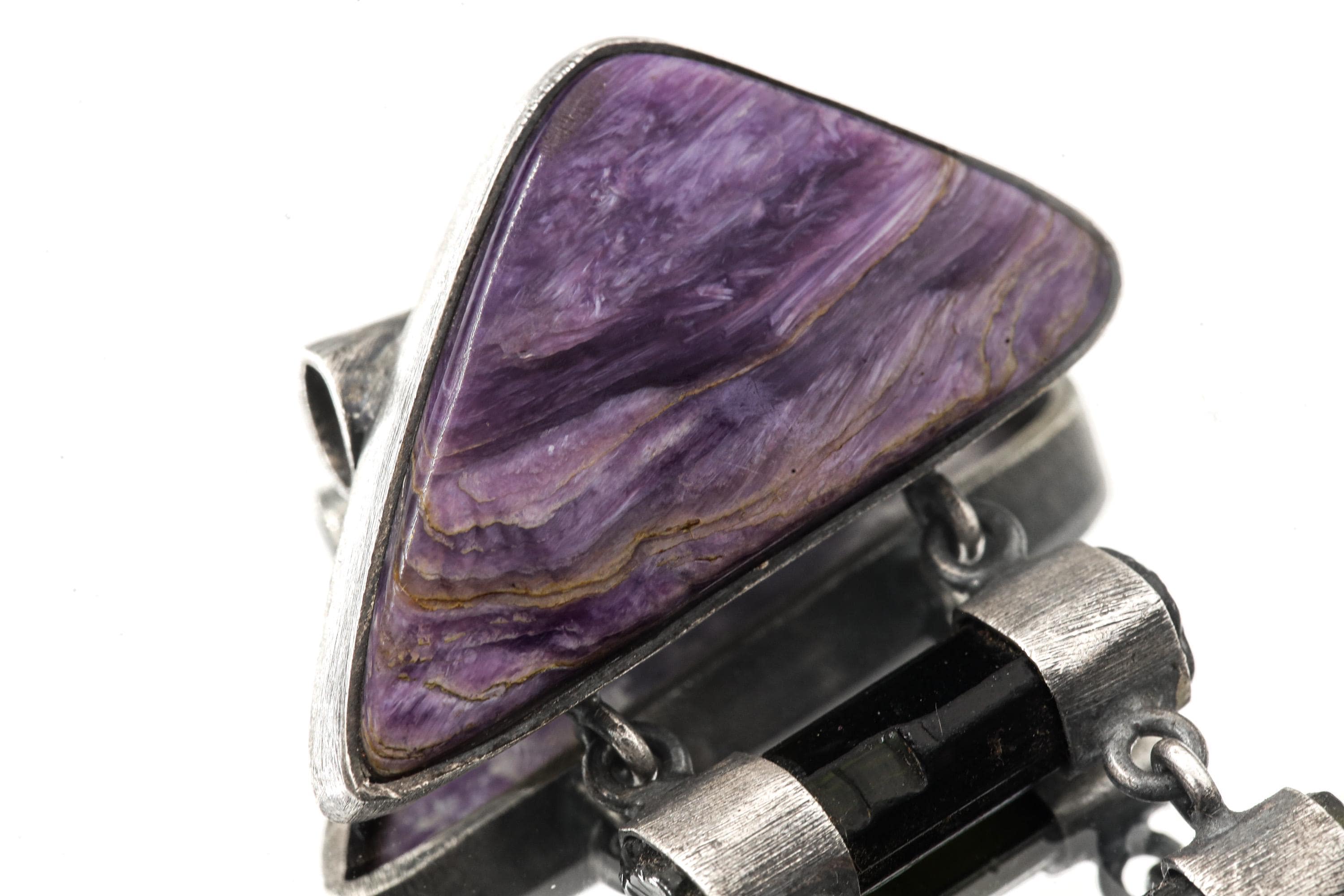 Double AAA Charoite & double natural black Tourmaline sticks - Sterling Silver - Rustic Finish - Pendant