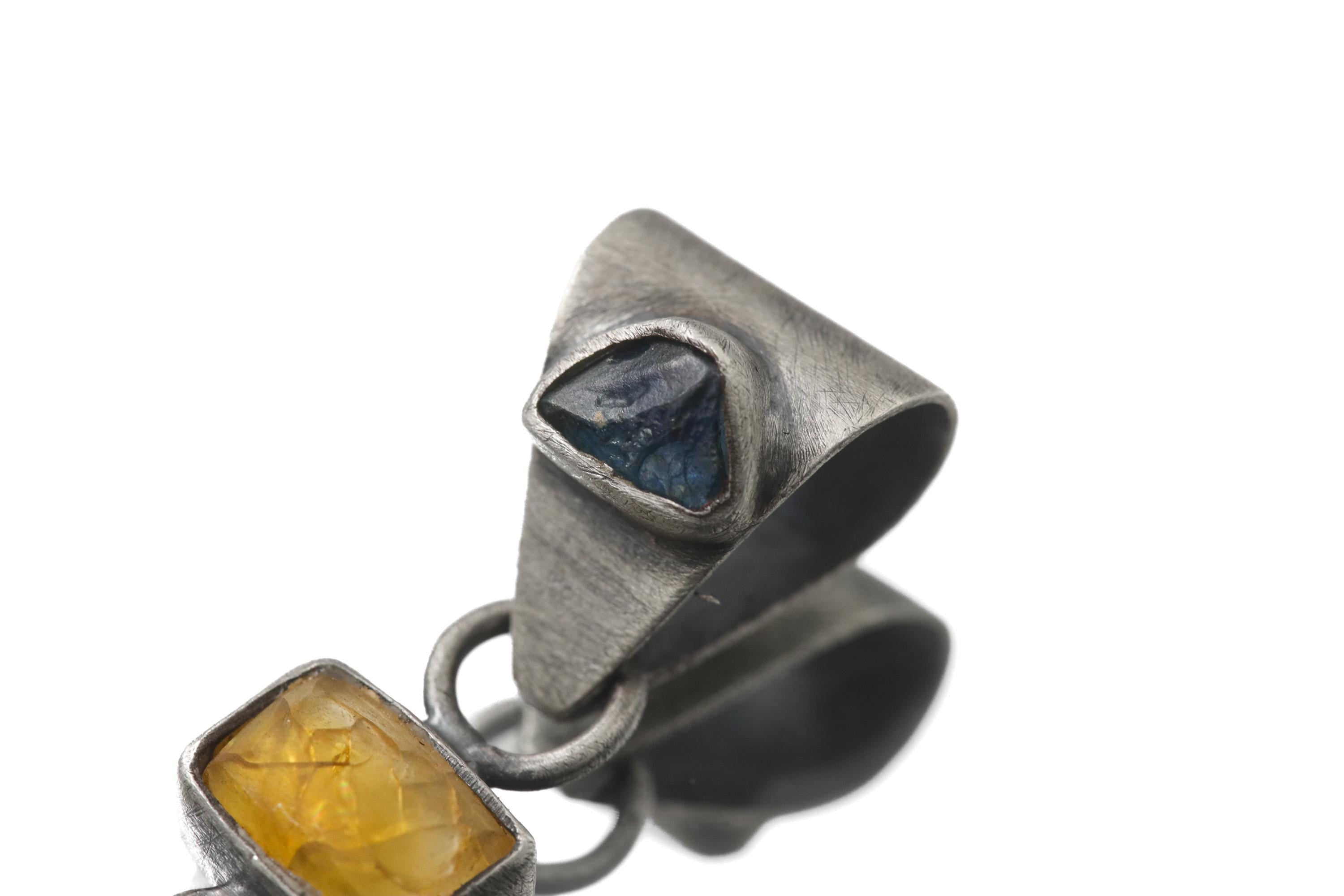 Oxidized Sterling Silver Pendant: Sapphire, Amber, Black Rutile Gemstones