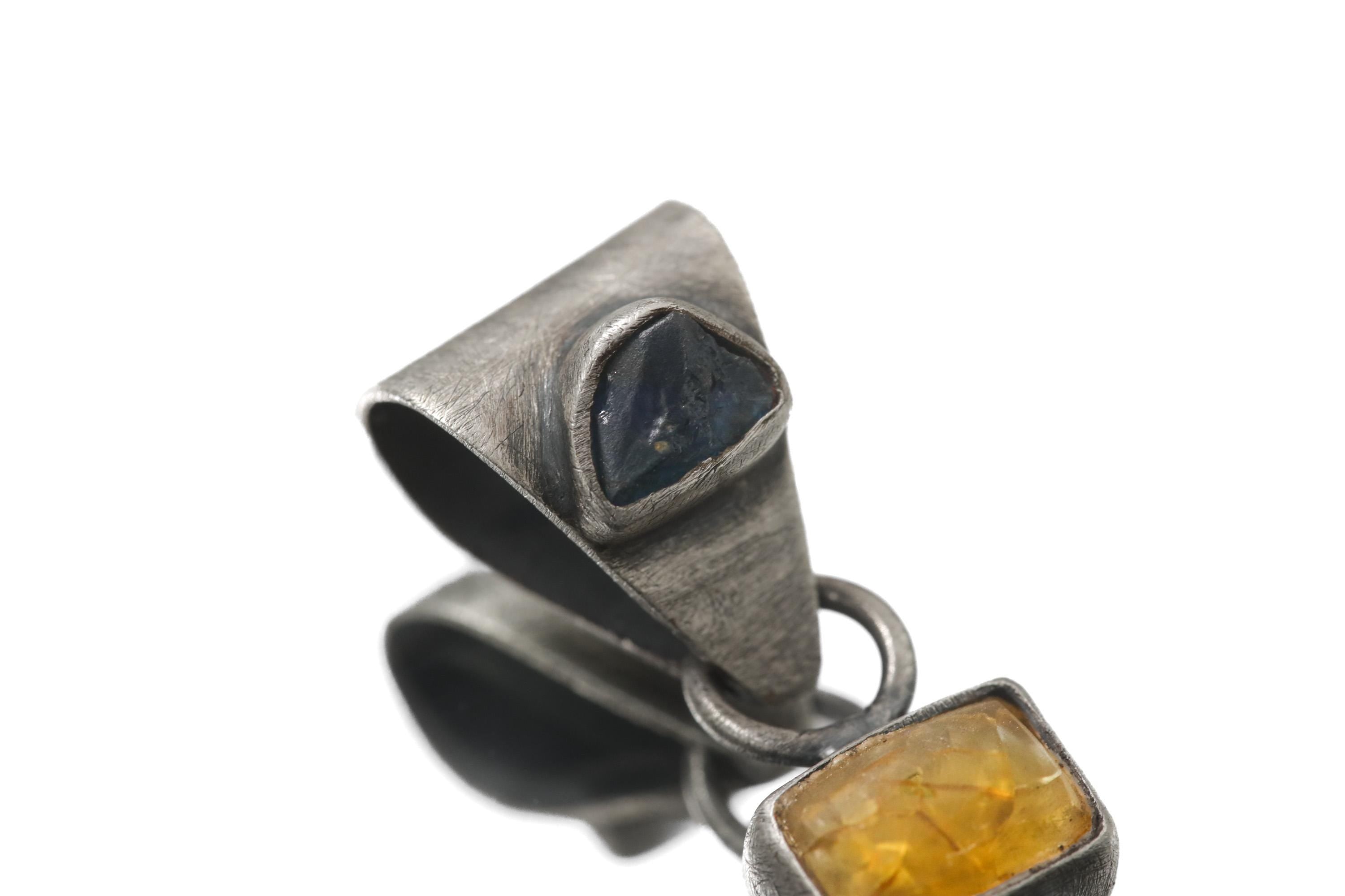 Oxidized Sterling Silver Pendant: Sapphire, Amber, Black Rutile Gemstones