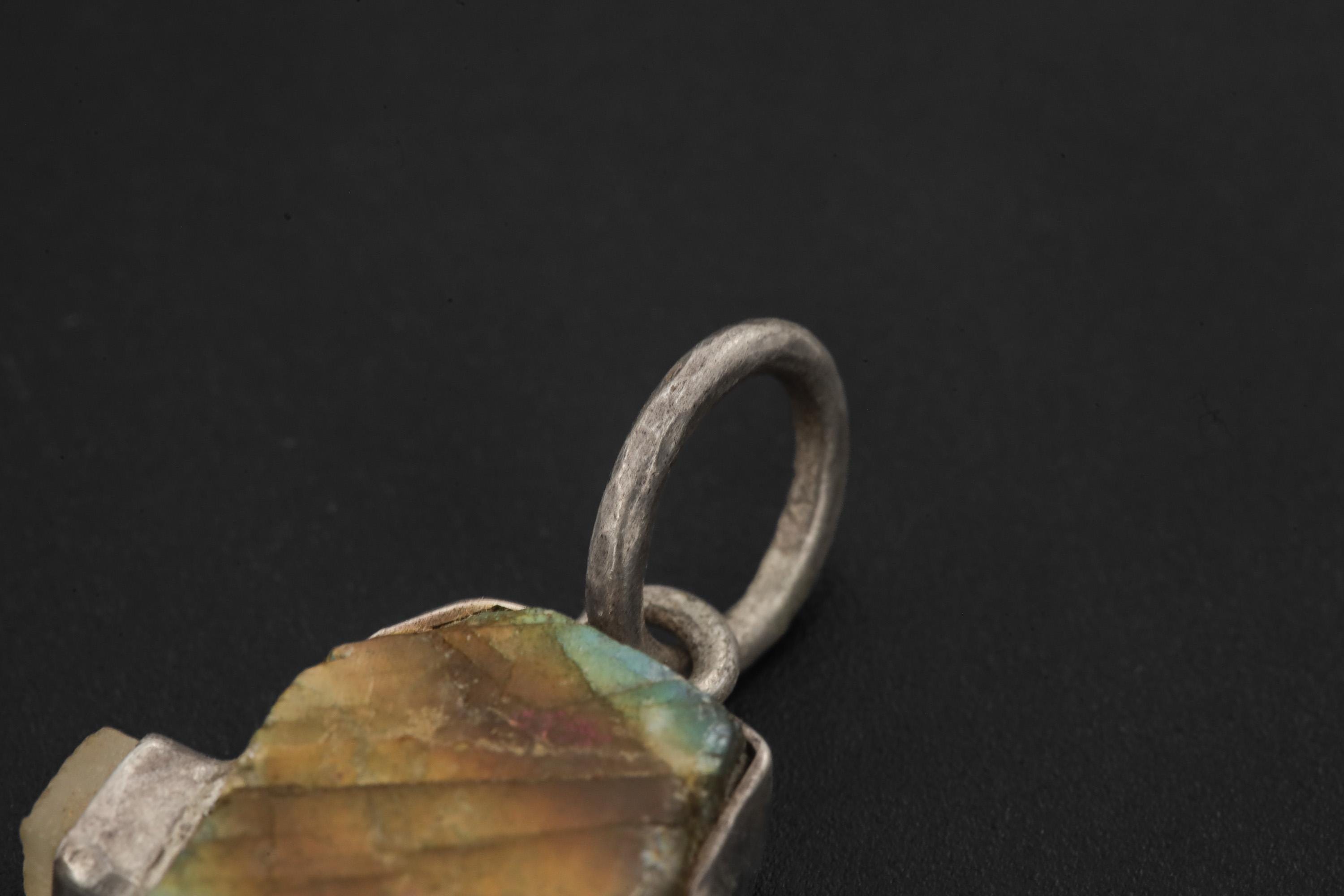 Raw Labradorite Moonstone Pendant: Hammered Sterling Silver Healing Necklace