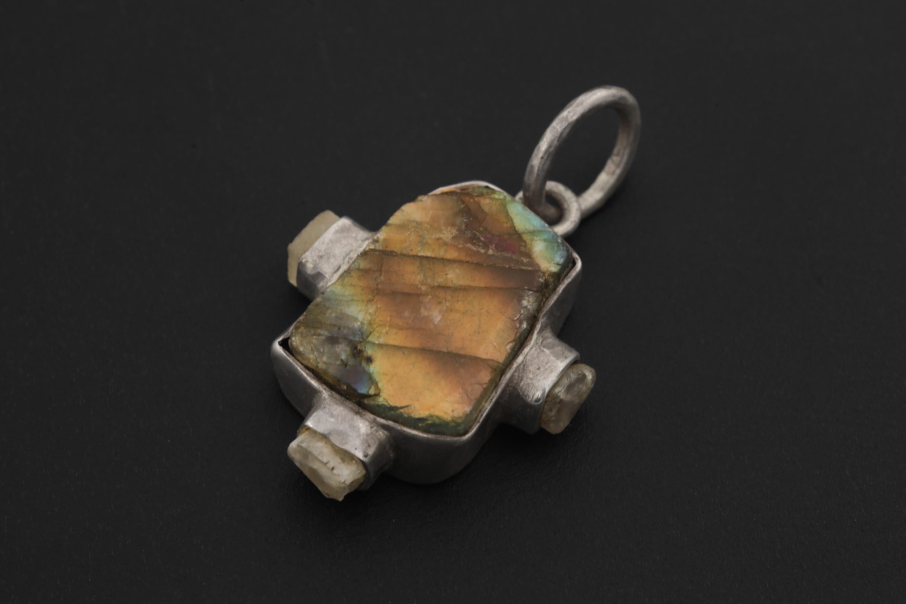 Raw Labradorite Moonstone Pendant: Hammered Sterling Silver Healing Necklace